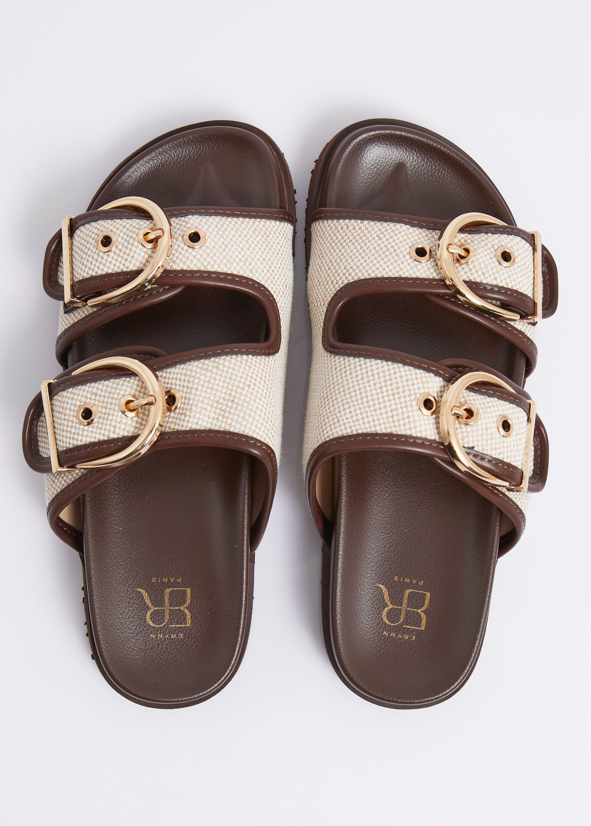 Mules chic tissu natté et boucles métal Femme Marron ERYLA-735 OV1