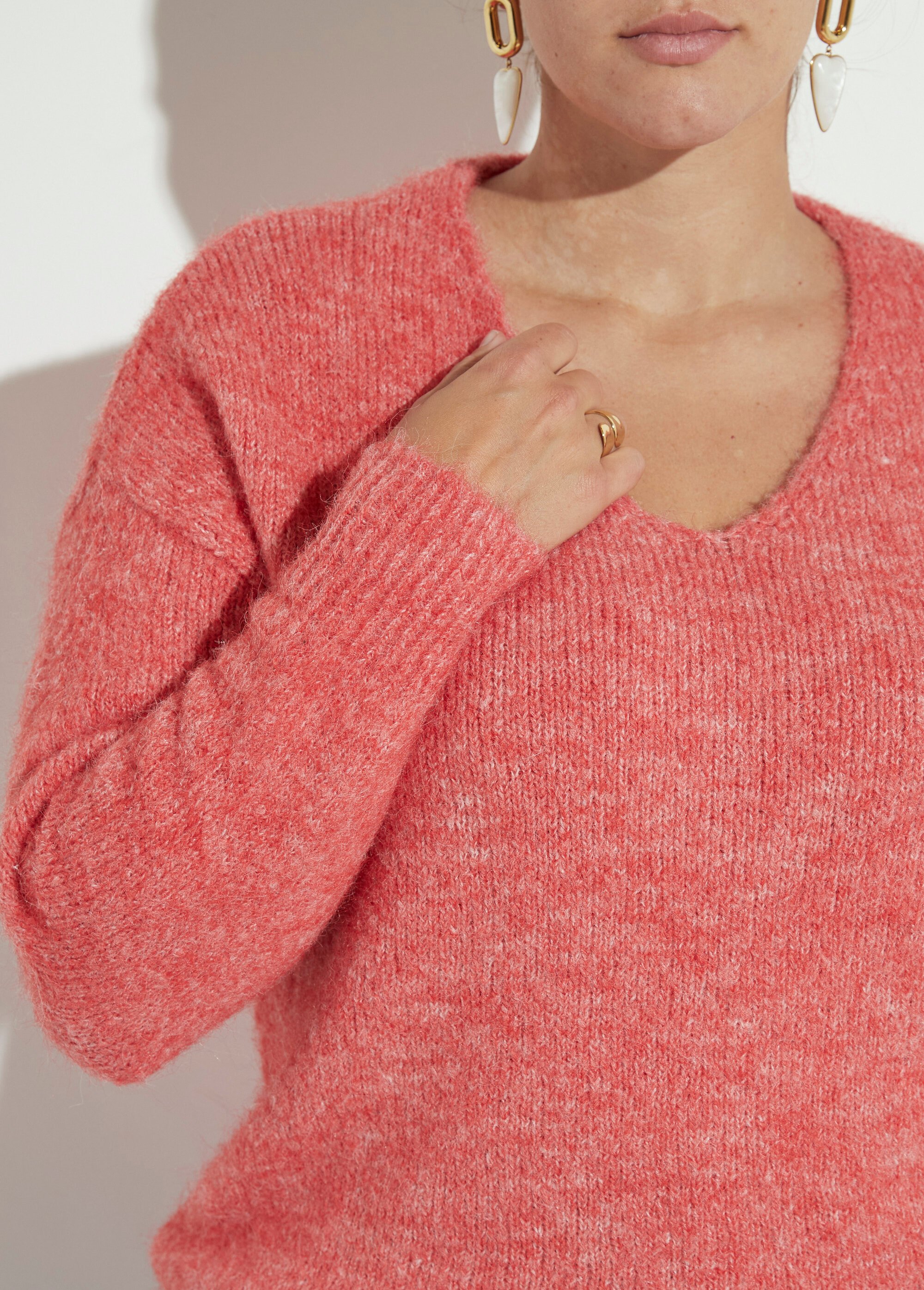 Pull col V fin et chaud avec laine Femme Grande Taille Rose CHY-AE3670 DE1