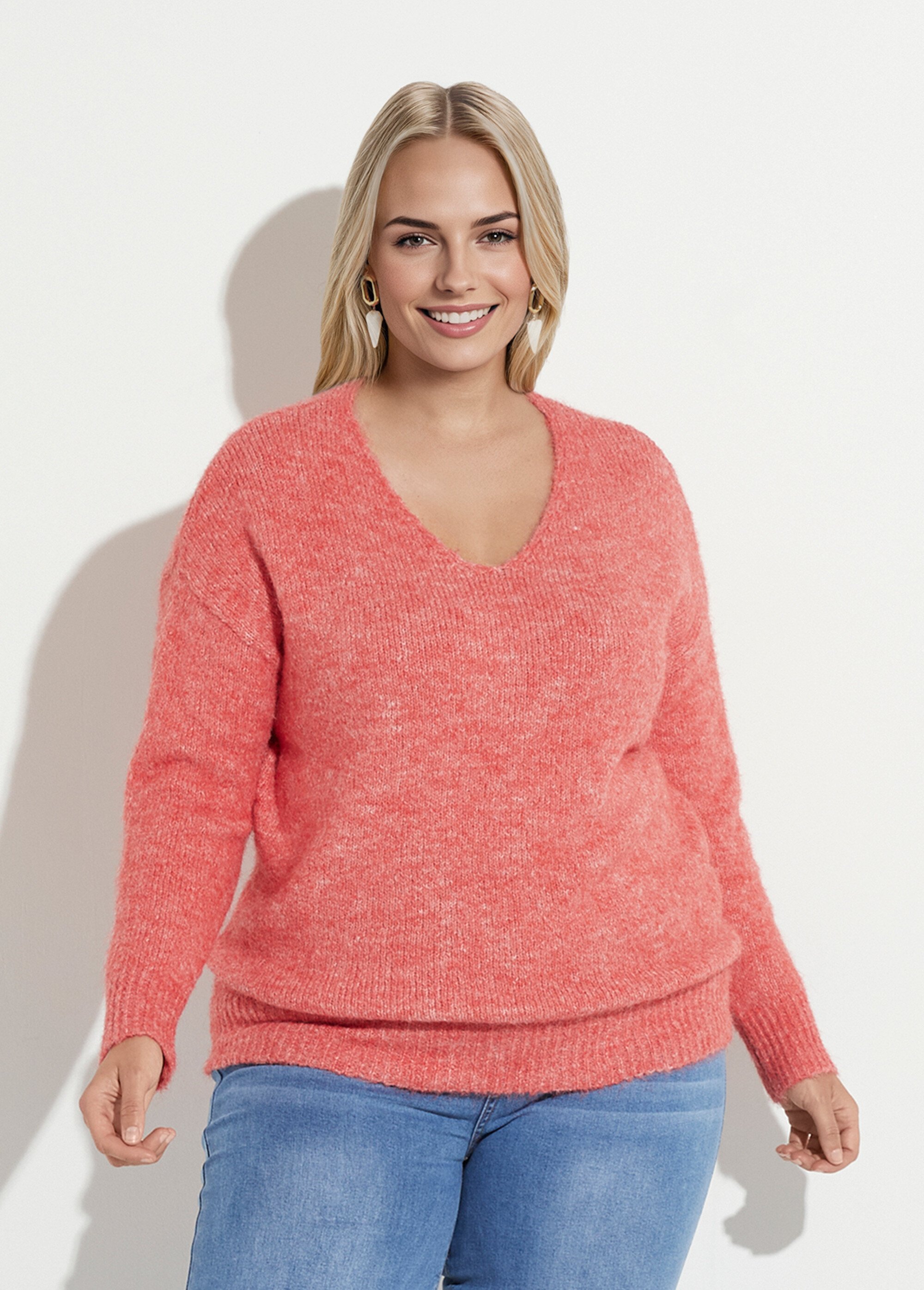 Pull col V fin et chaud avec laine Femme Grande Taille Rose CHY-AE3670 FA1