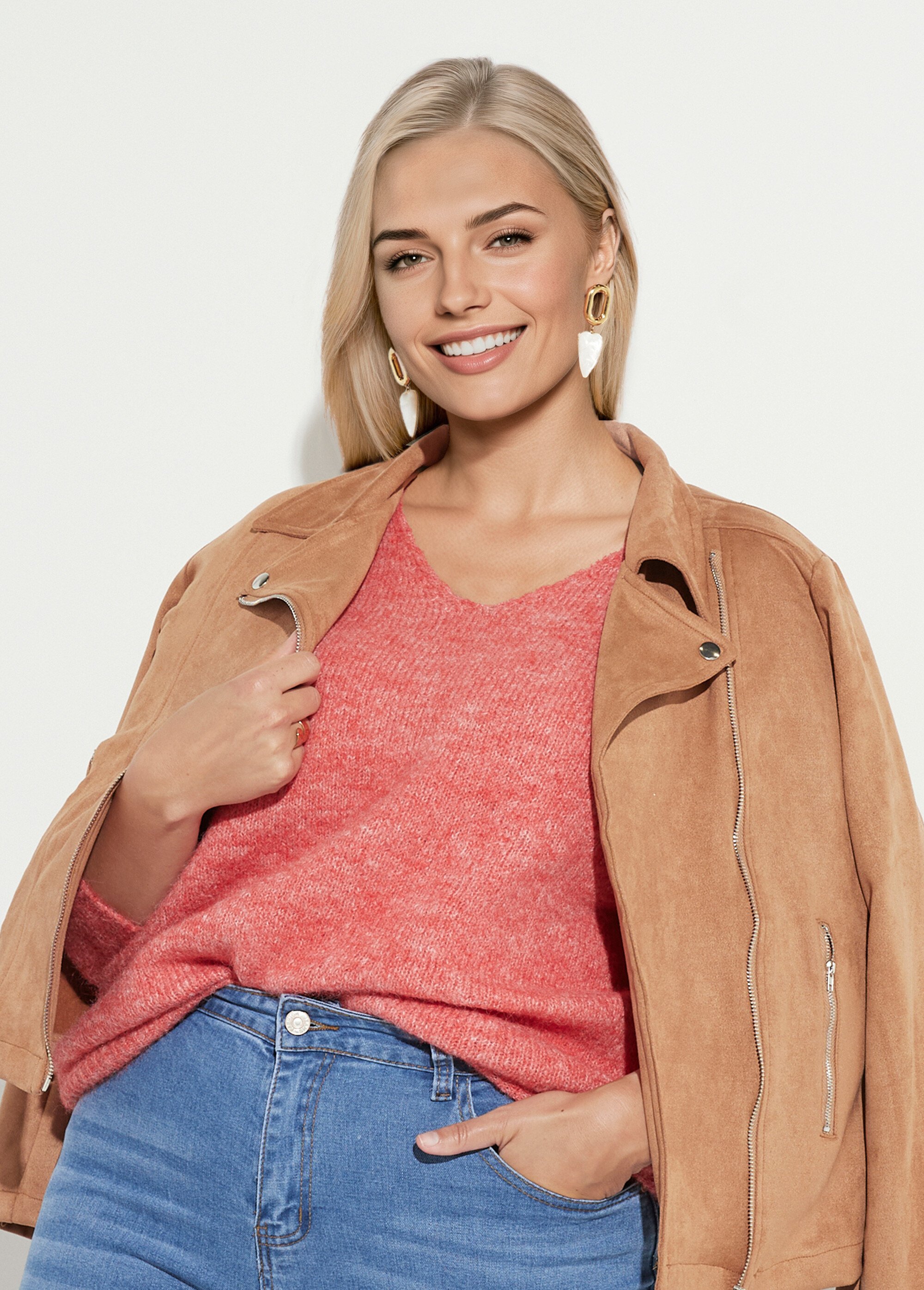 Pull col V fin et chaud avec laine Femme Grande Taille Rose CHY-AE3670 MV1