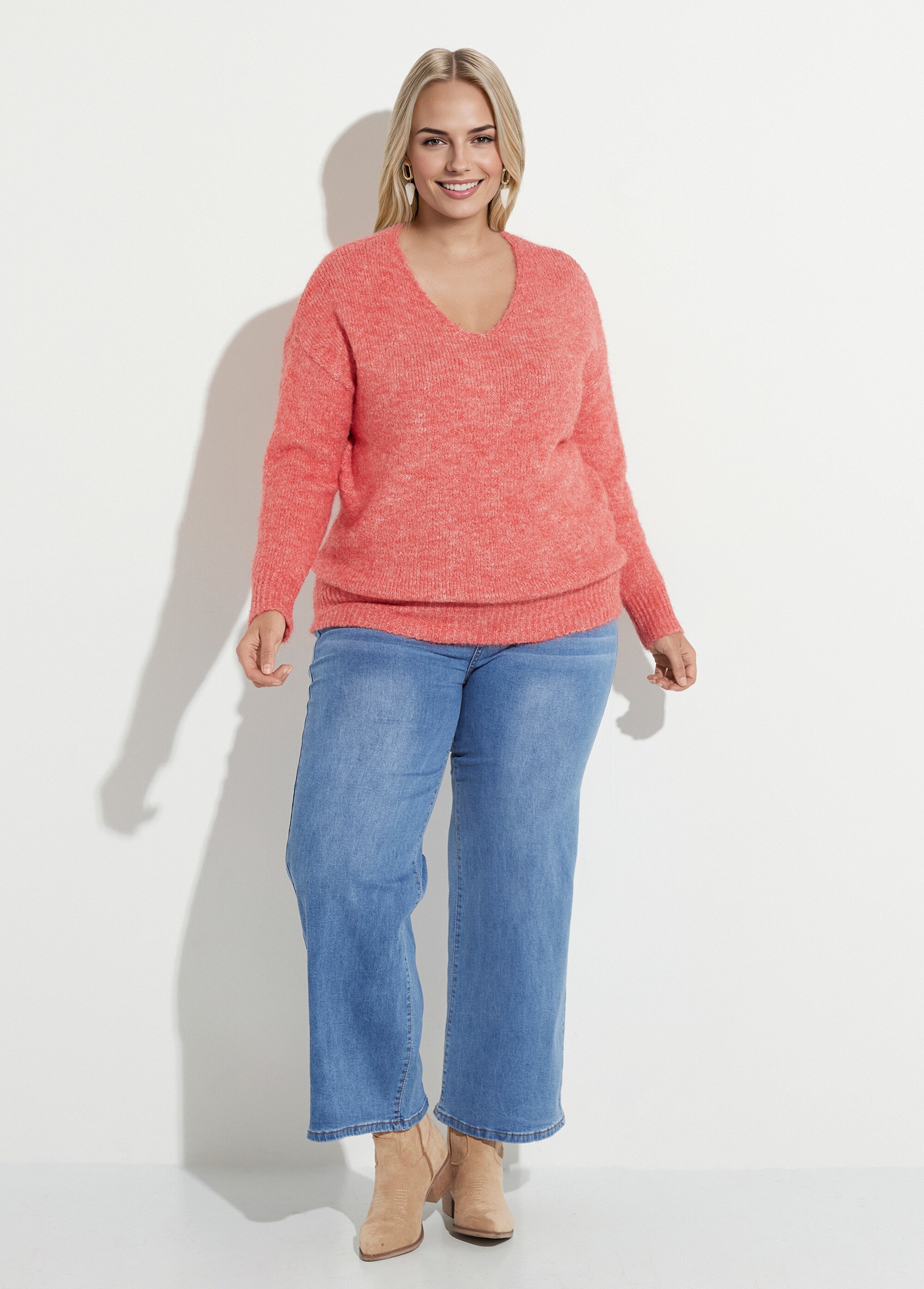 Pull col V fin et chaud avec laine Femme Grande Taille Rose CHY-AE3670 SF1