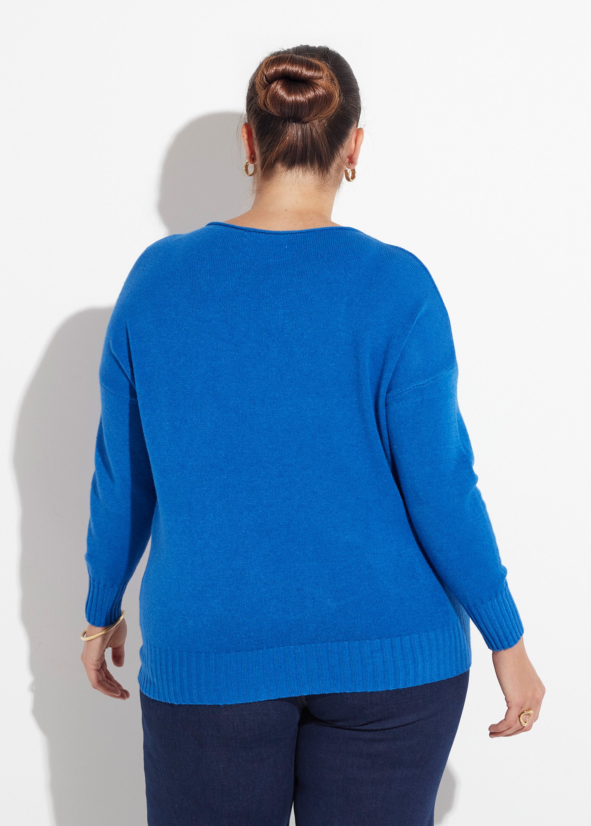 Pull encolure bateau avec bords côtelés Femme Grande Taille Bleu CHY-2262 DO1