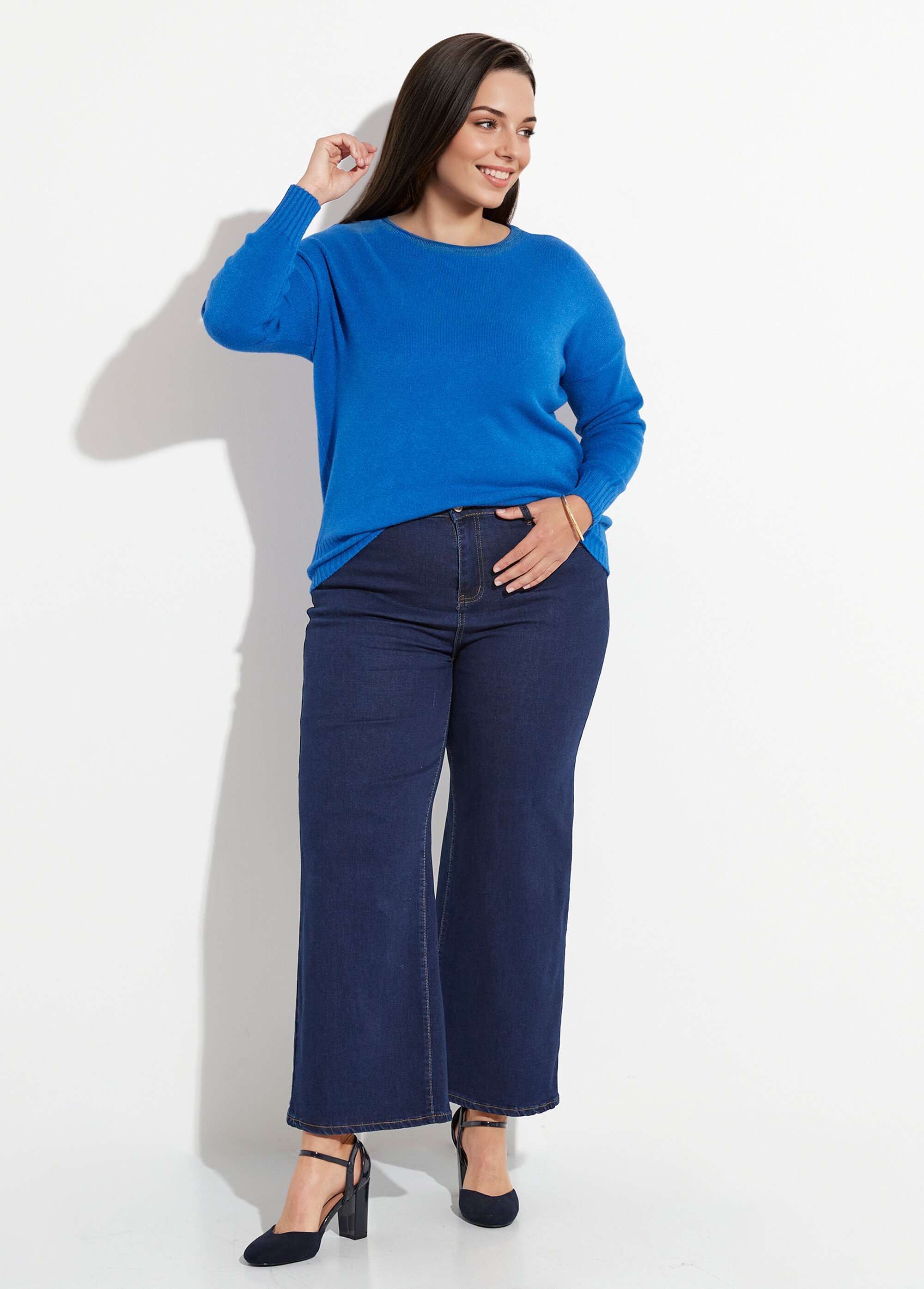 Pull encolure bateau avec bords côtelés Femme Grande Taille Bleu CHY-2262 SF1