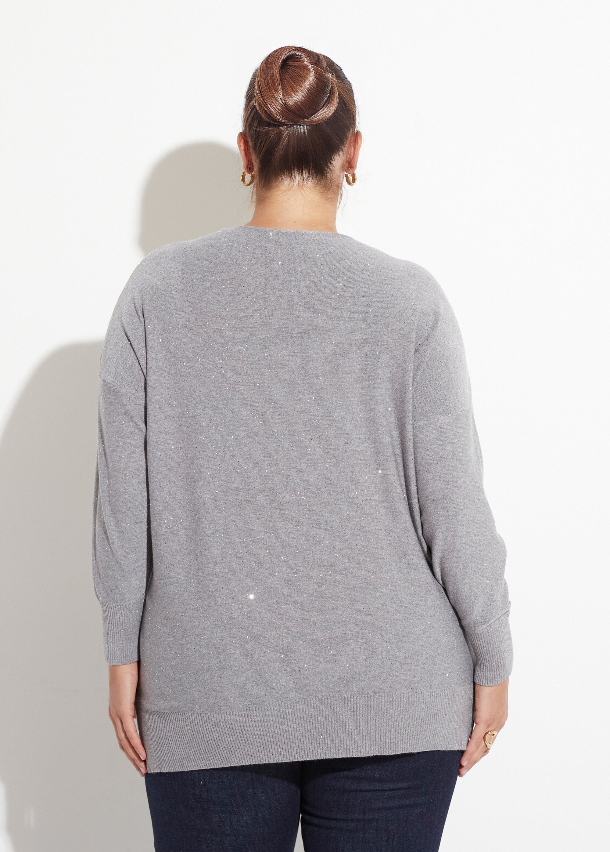 Pull maille fine jauge avec mini sequins Femme Grande Taille Gris CHY-2266 DO1