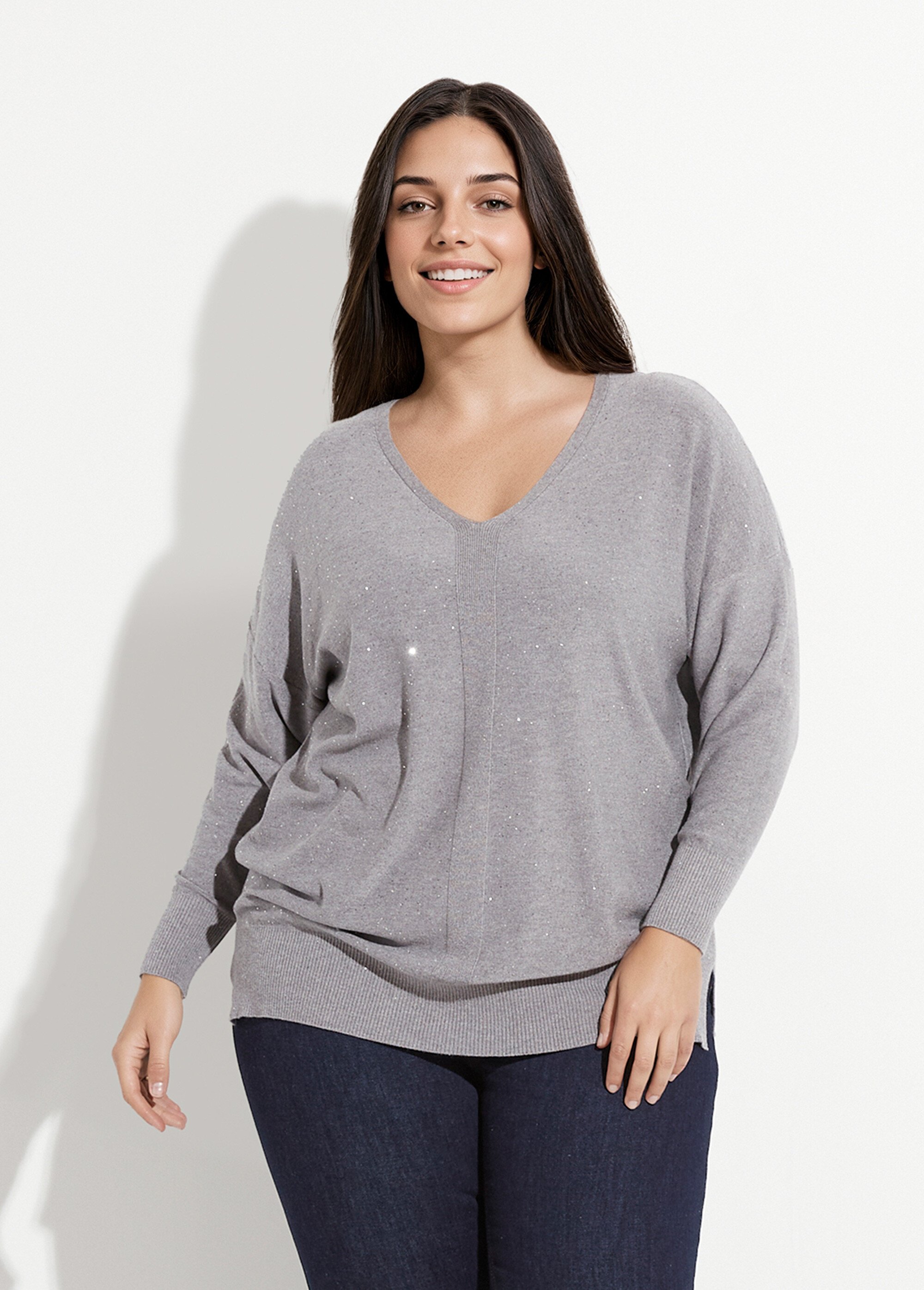 Pull maille fine jauge avec mini sequins Femme Grande Taille Gris CHY-2266 FA1
