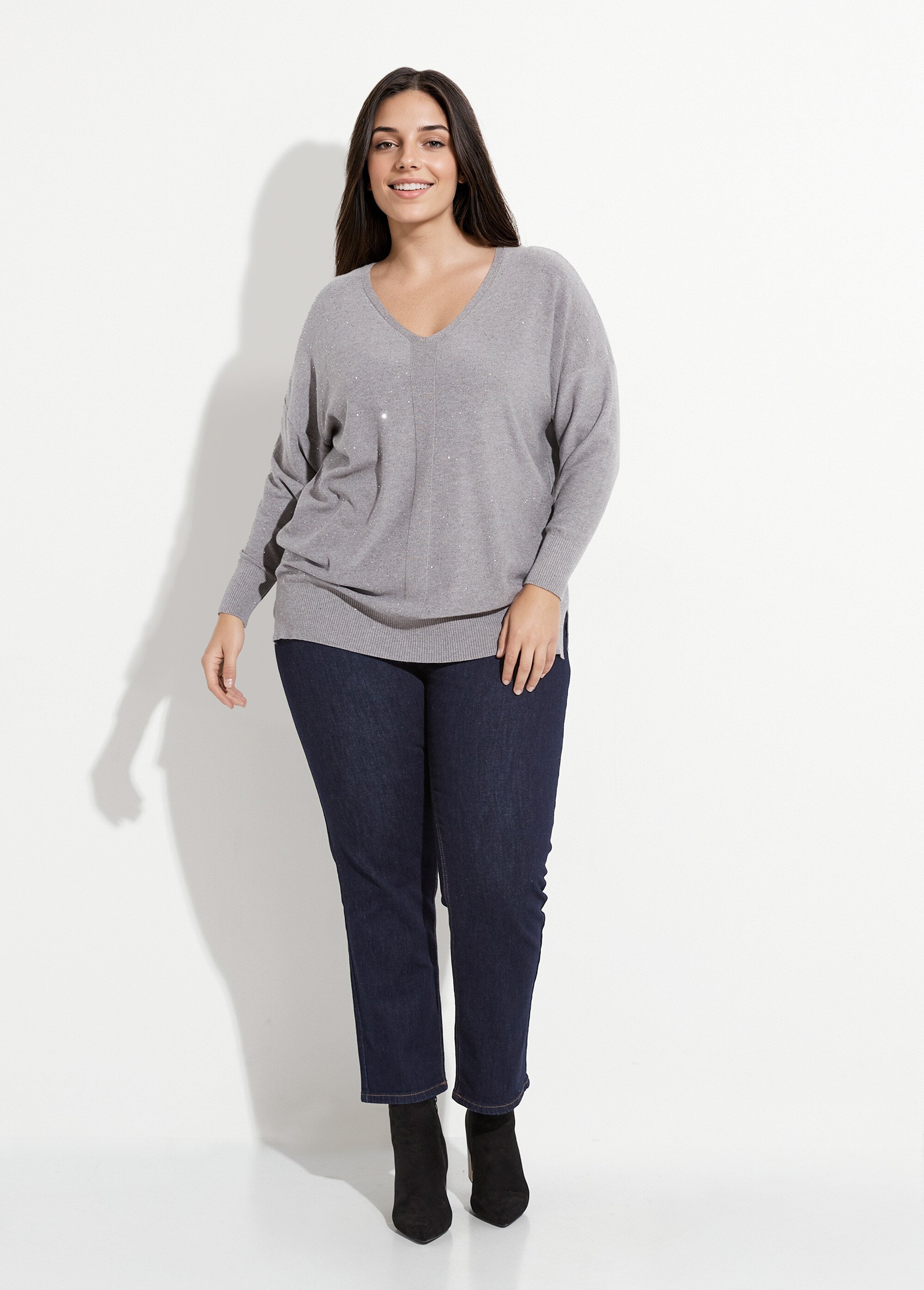 Pull maille fine jauge avec mini sequins Femme Grande Taille Gris CHY-2266 SF1
