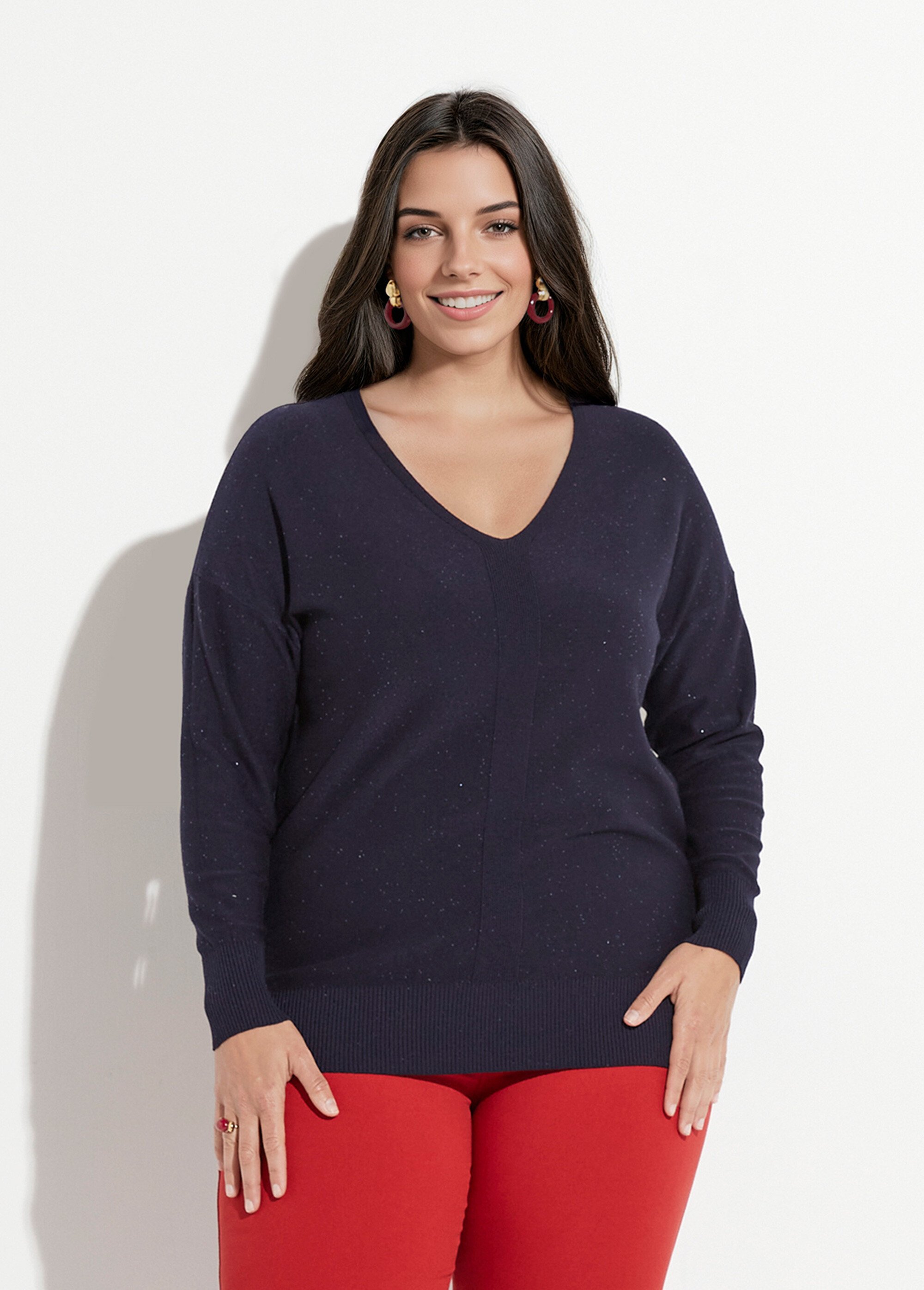 Pull maille fine jauge avec mini sequins Femme Grande Taille Bleu CHY-2266 FA1