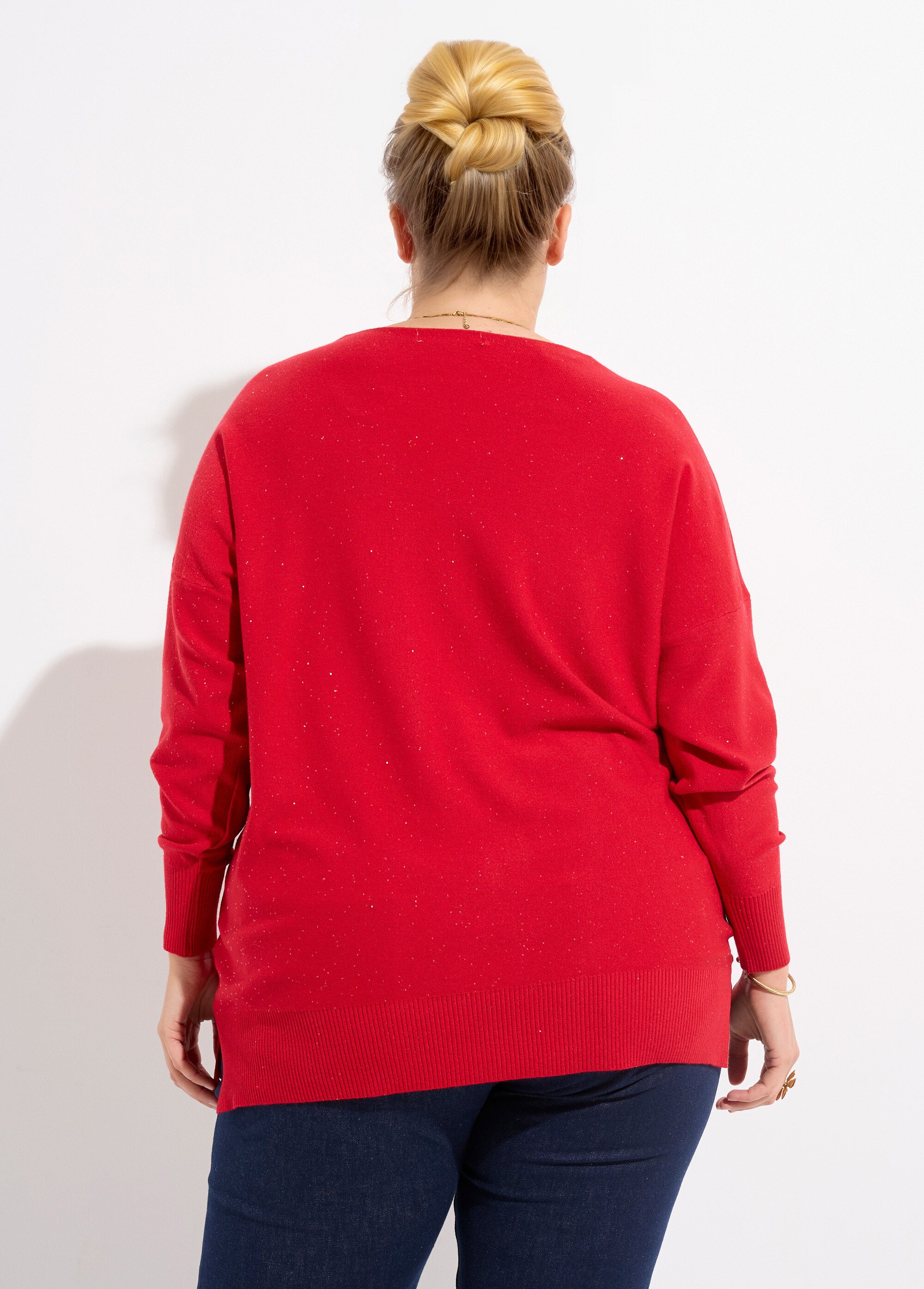 Pull maille fine jauge avec mini sequins Femme Grande Taille Rouge CHY-2266 DO1