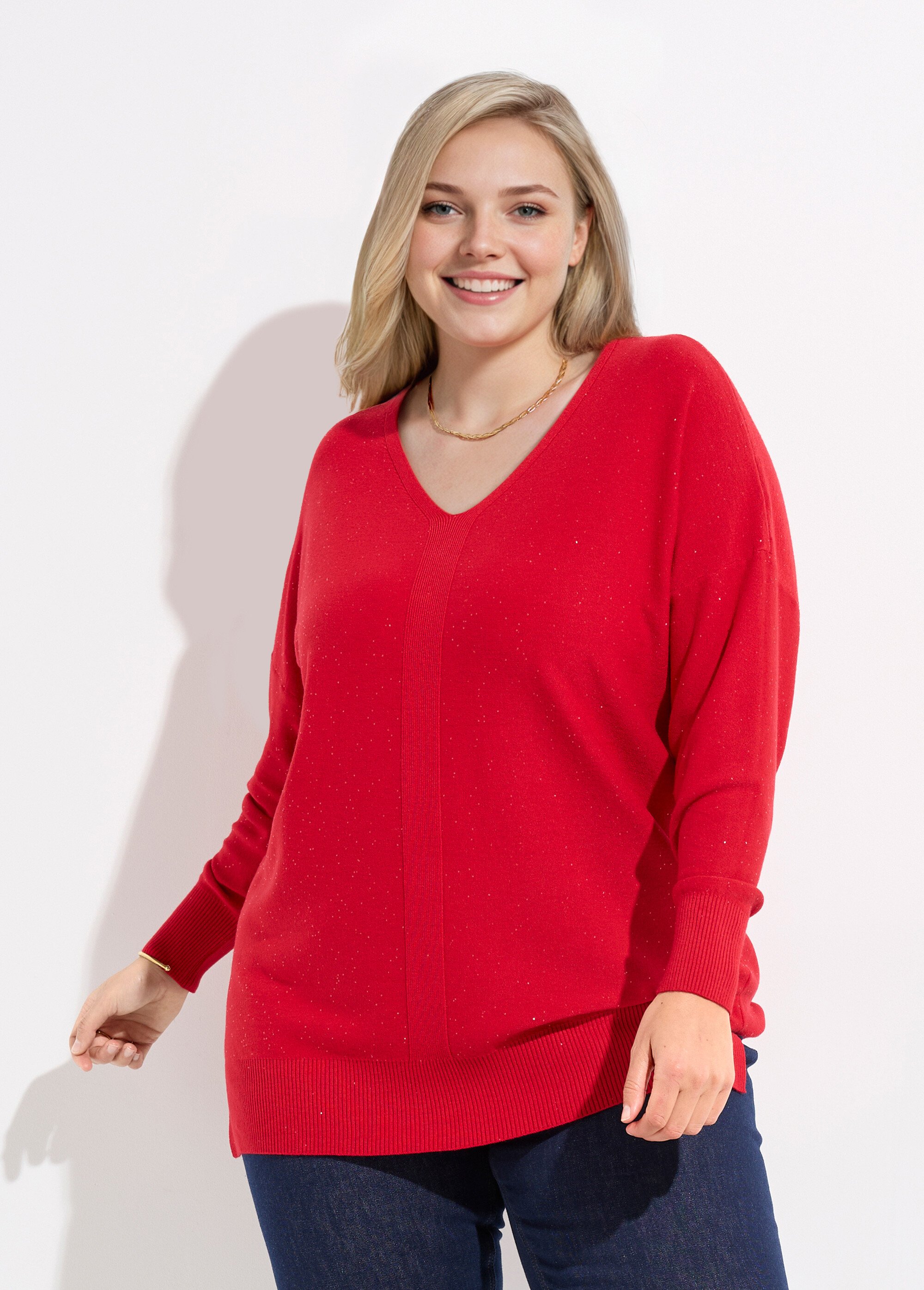 Pull maille fine jauge avec mini sequins Femme Grande Taille Rouge CHY-2266 FA1