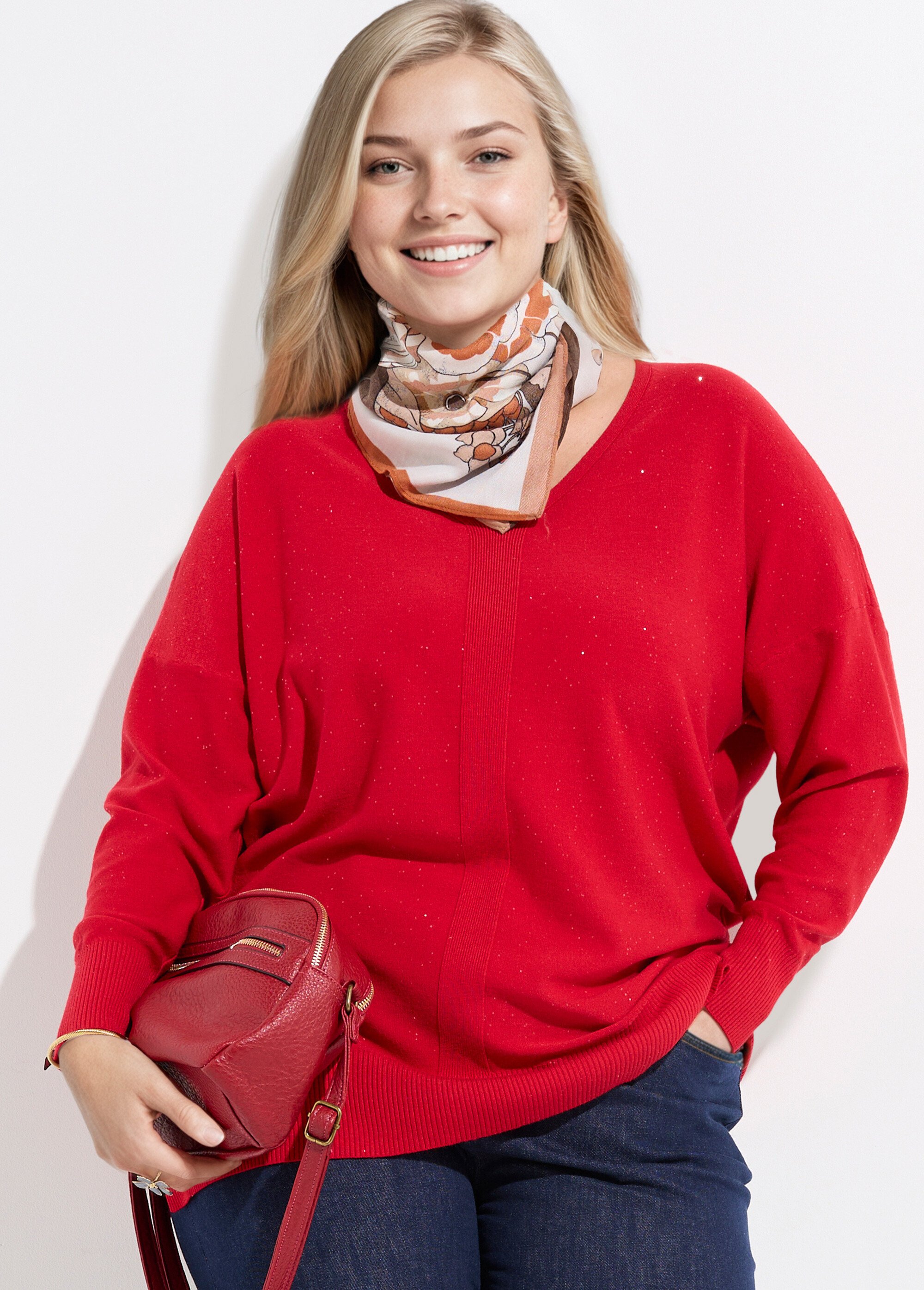 Pull maille fine jauge avec mini sequins Femme Grande Taille Rouge CHY-2266 MV1