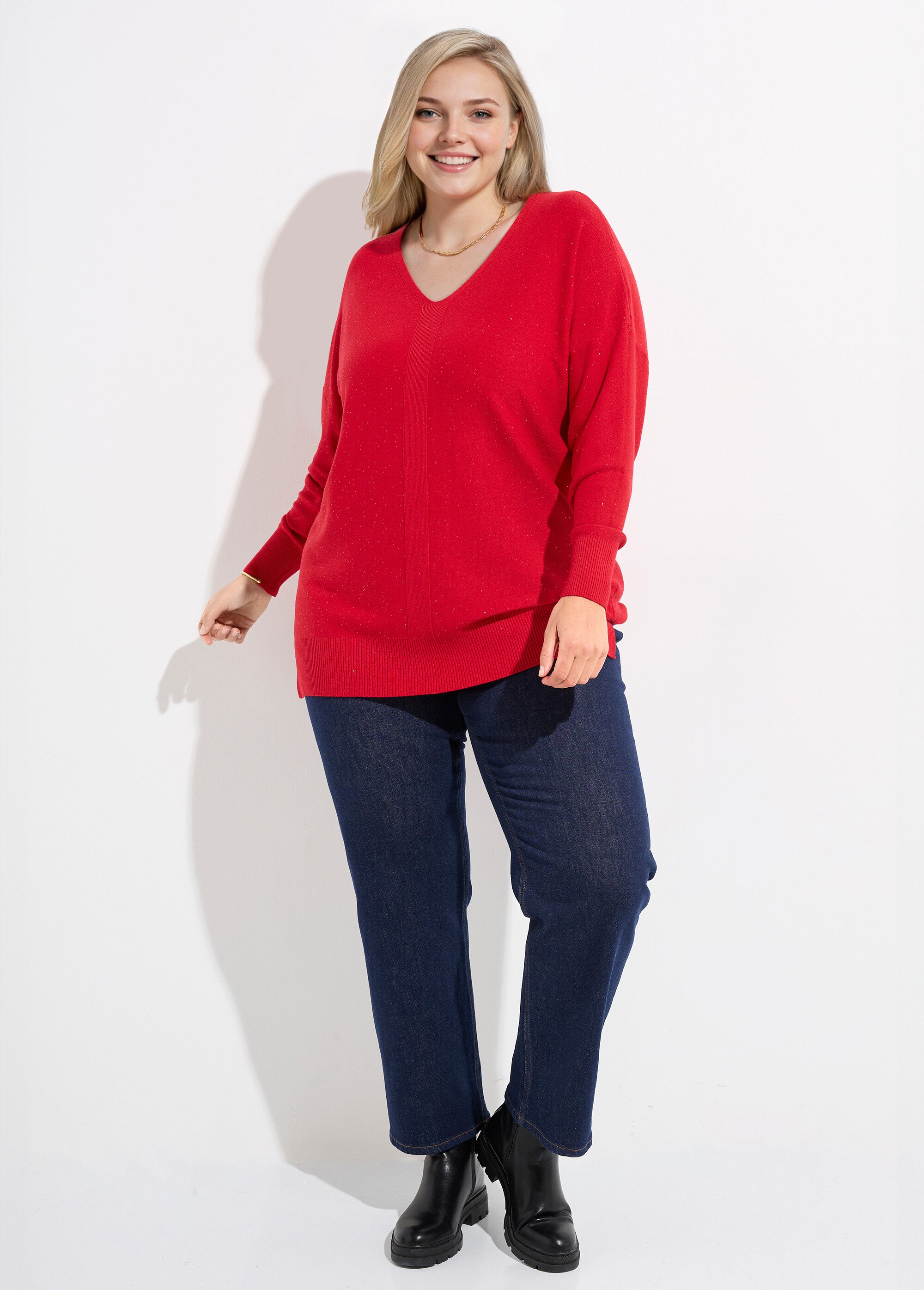 Pull maille fine jauge avec mini sequins Femme Grande Taille Rouge CHY-2266 SF1