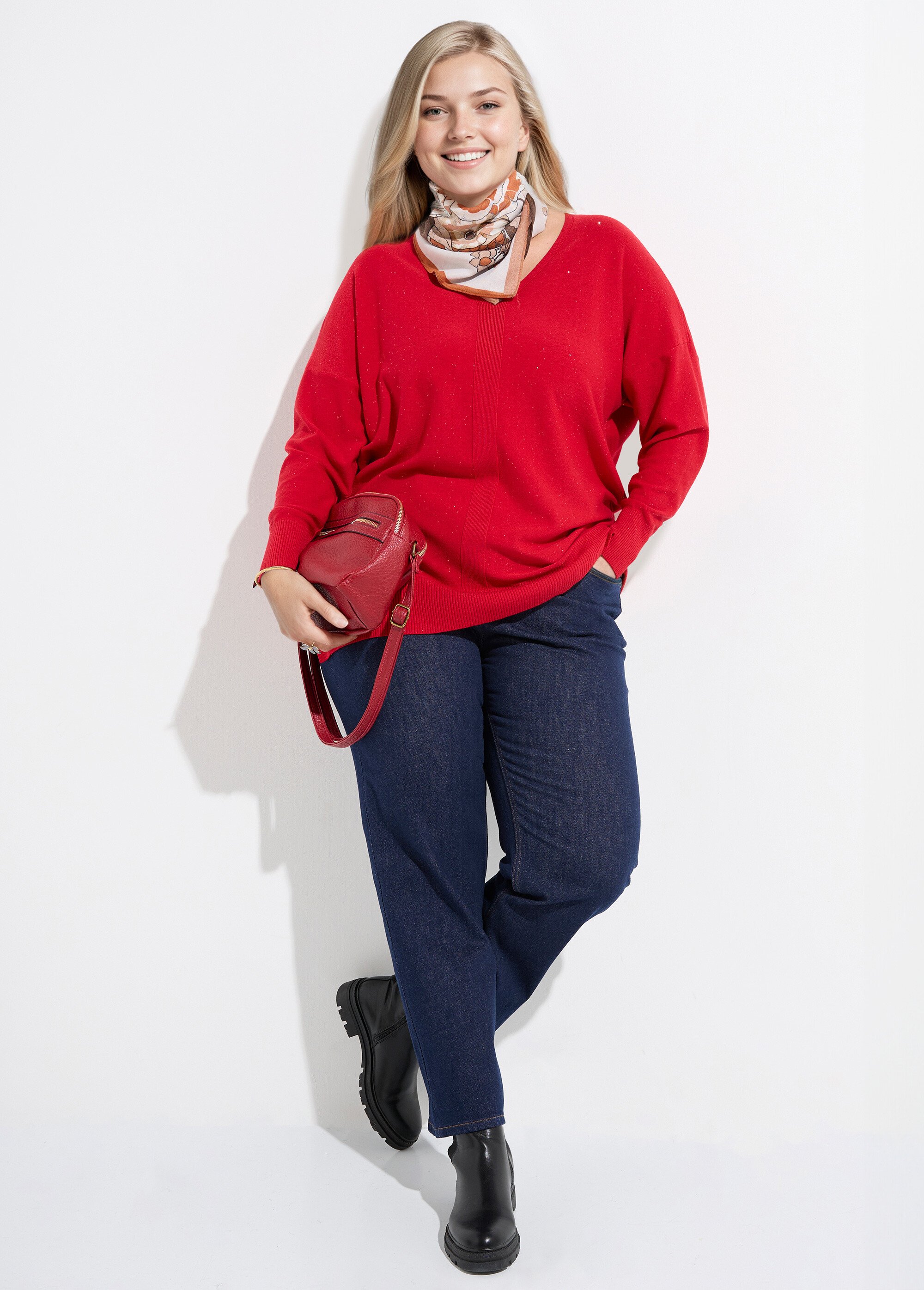 Pull maille fine jauge avec mini sequins Femme Grande Taille Rouge CHY-2266 SI1