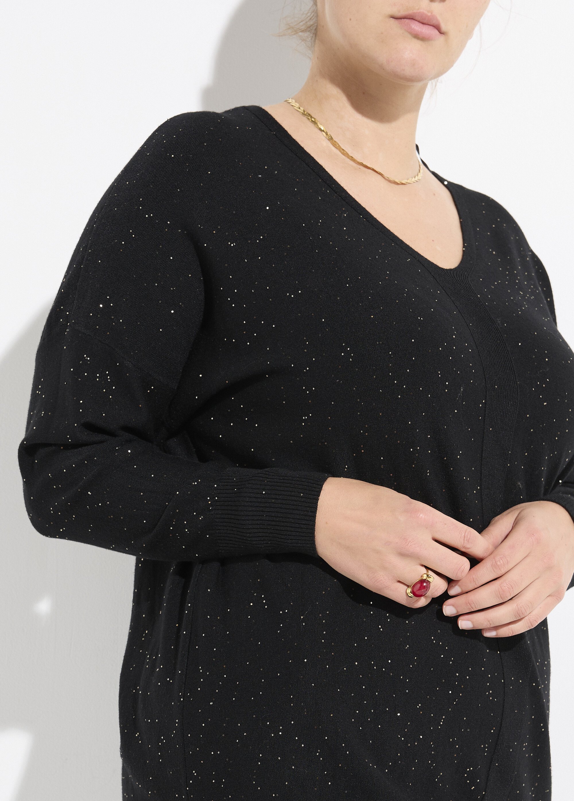 Pull maille fine jauge avec mini sequins Femme Grande Taille Noir CHY-2266 DE1