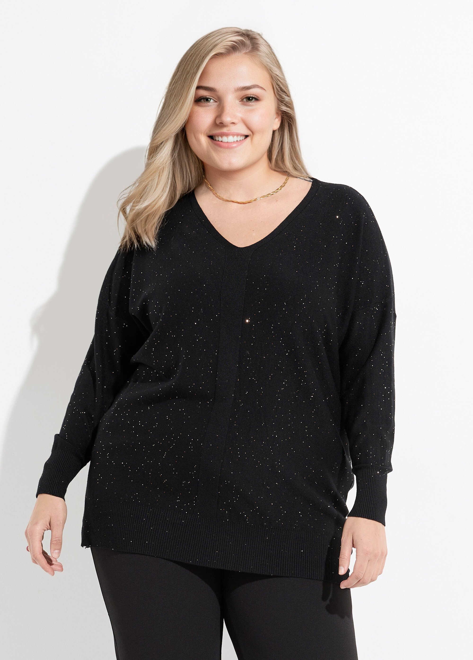 Pull maille fine jauge avec mini sequins Femme Grande Taille Noir CHY-2266 FA1