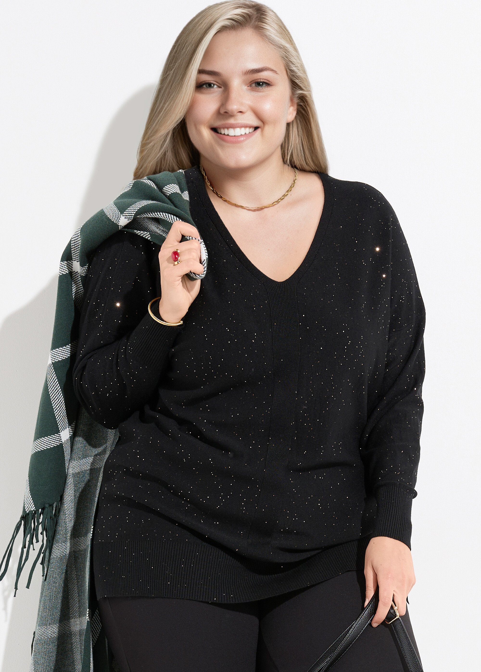 Pull maille fine jauge avec mini sequins Femme Grande Taille Noir CHY-2266 MV1