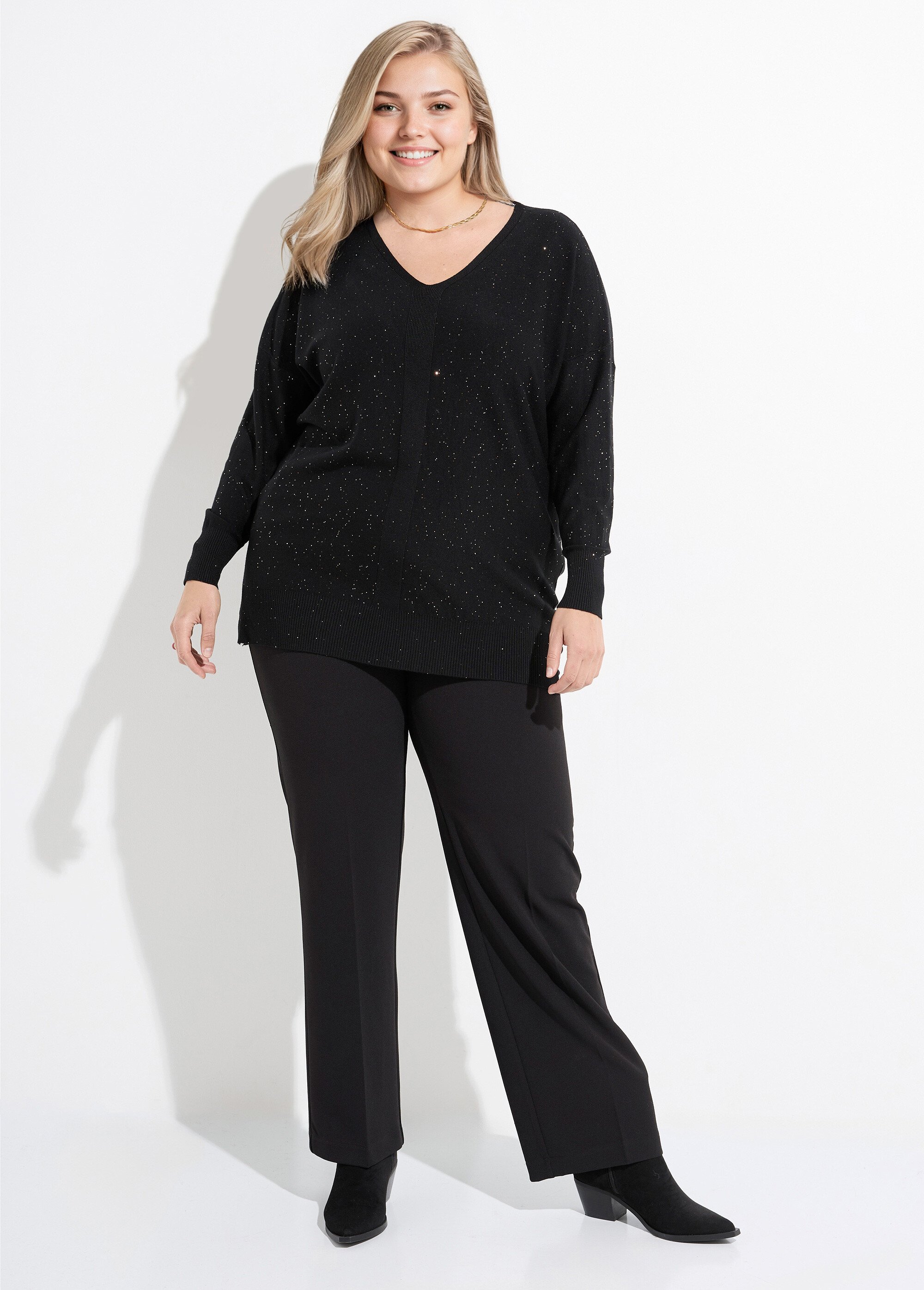 Pull maille fine jauge avec mini sequins Femme Grande Taille Noir CHY-2266 SF1