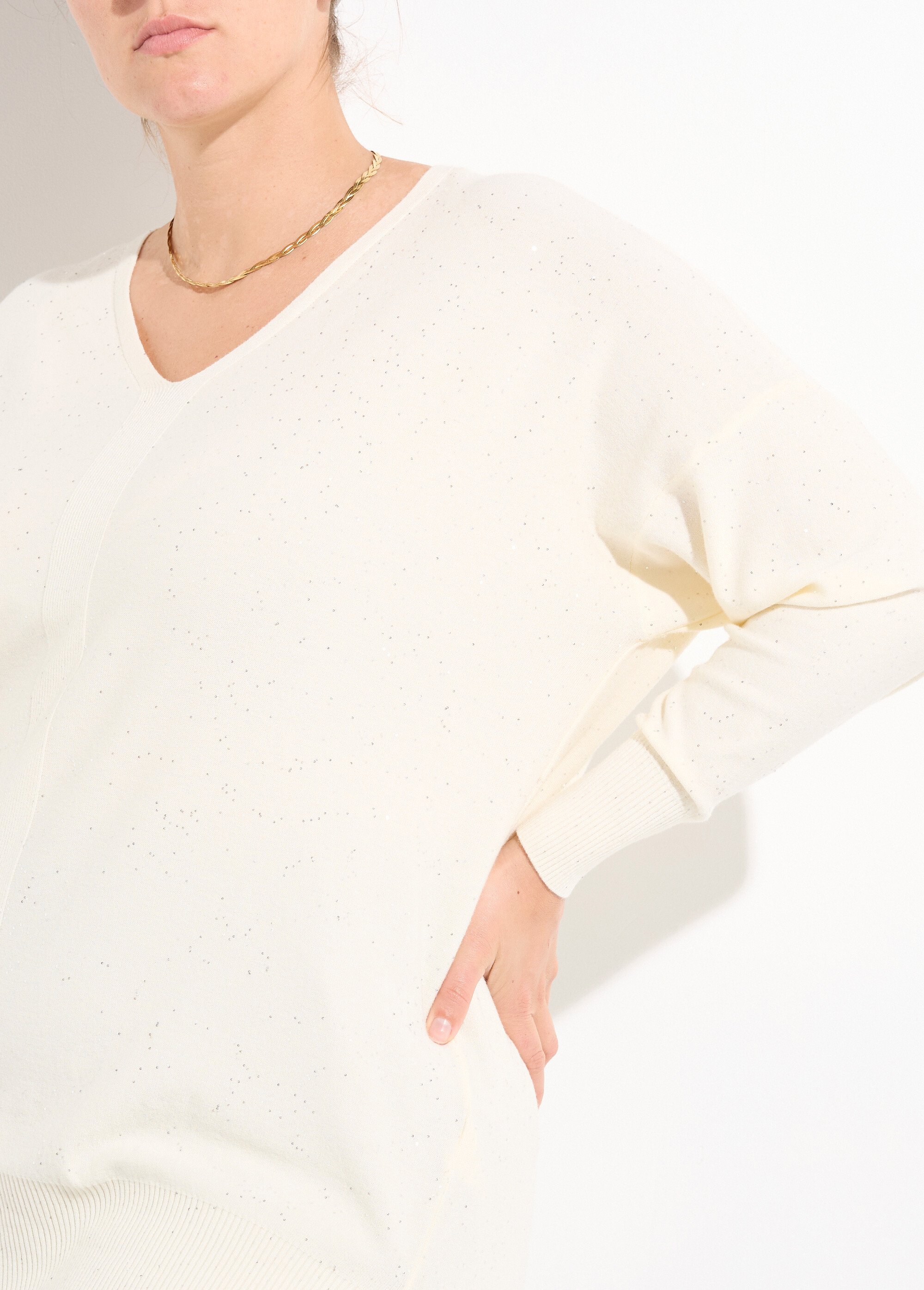 Pull maille fine jauge avec mini sequins Femme Grande Taille Beige CHY-2266 DE1
