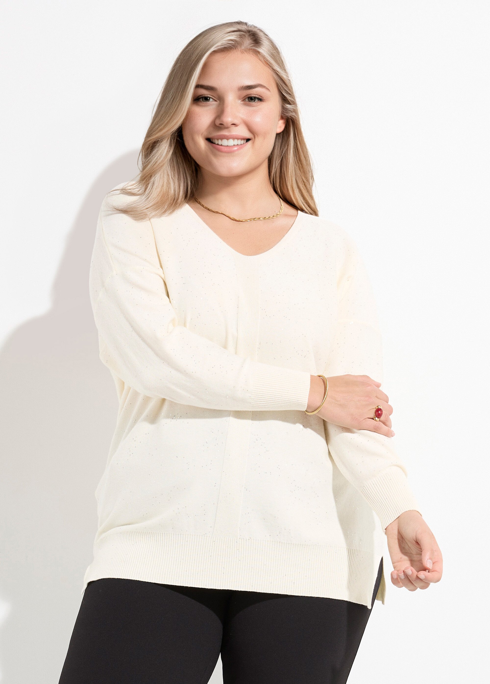 Pull maille fine jauge avec mini sequins Femme Grande Taille Beige CHY-2266 FA1