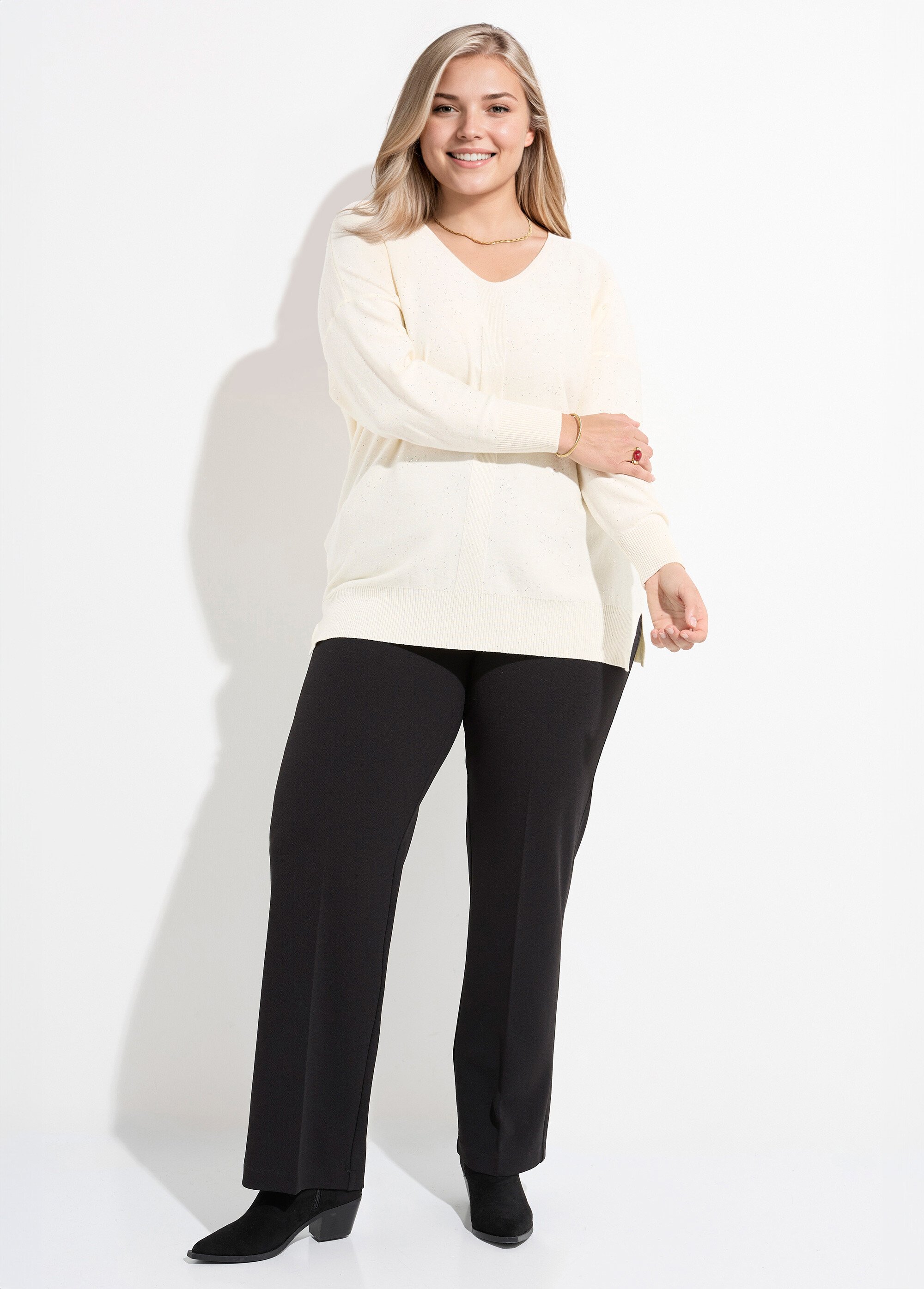Pull maille fine jauge avec mini sequins Femme Grande Taille Beige CHY-2266 SF1