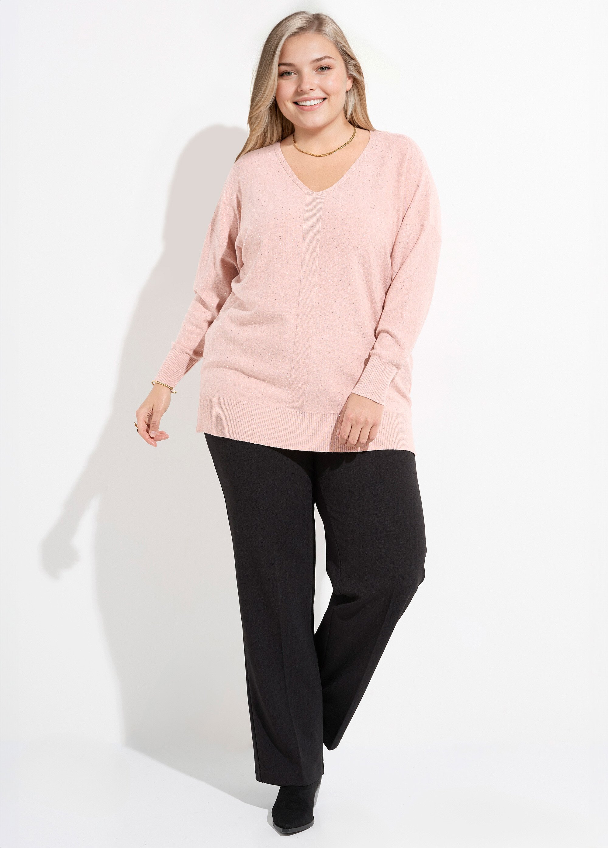 Pull maille fine jauge avec mini sequins Femme Grande Taille ROSE CLAIR CHY-2266 SF1