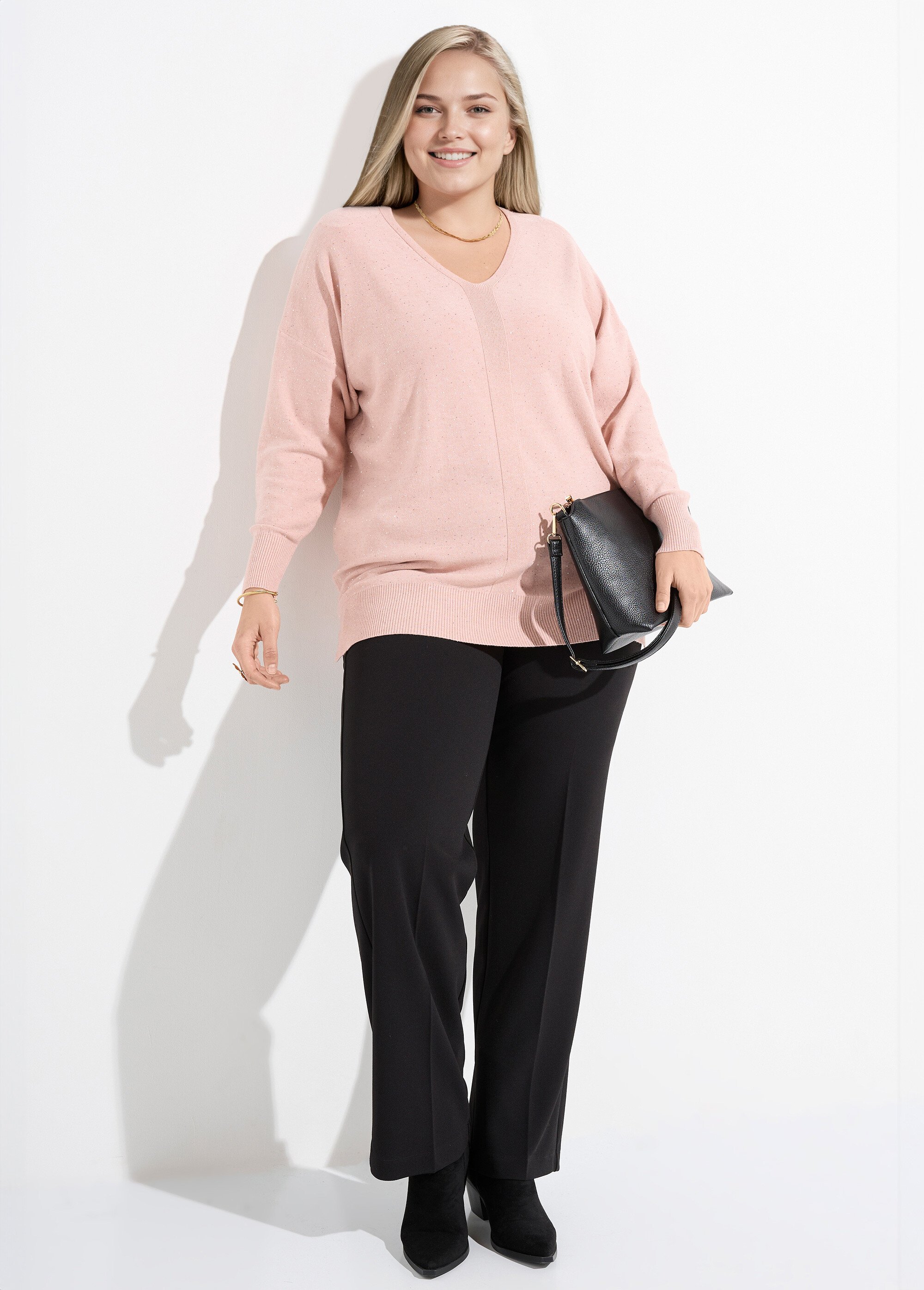 Pull maille fine jauge avec mini sequins Femme Grande Taille ROSE CLAIR CHY-2266 SI1