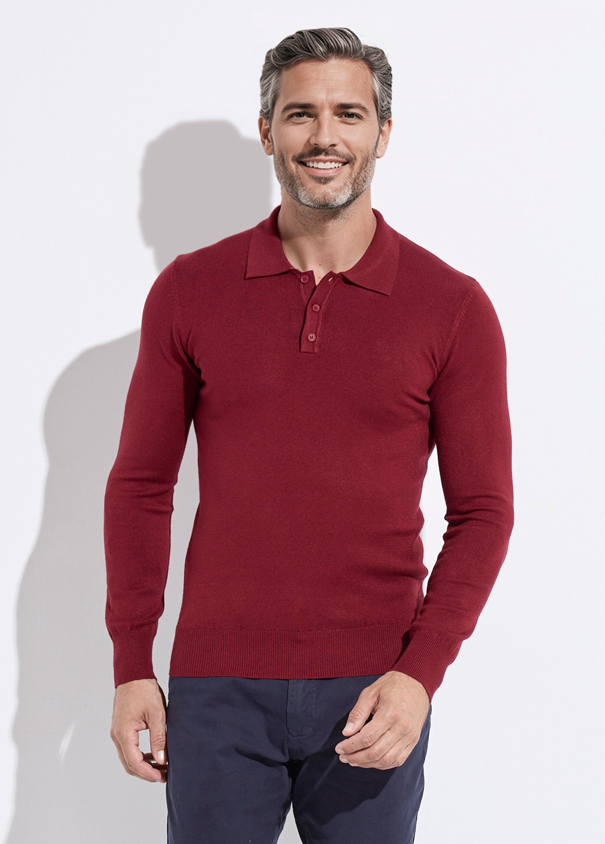 Pull coupe ajusté fine jauge col polo Homme Rouge MENCHL9499 FA1
