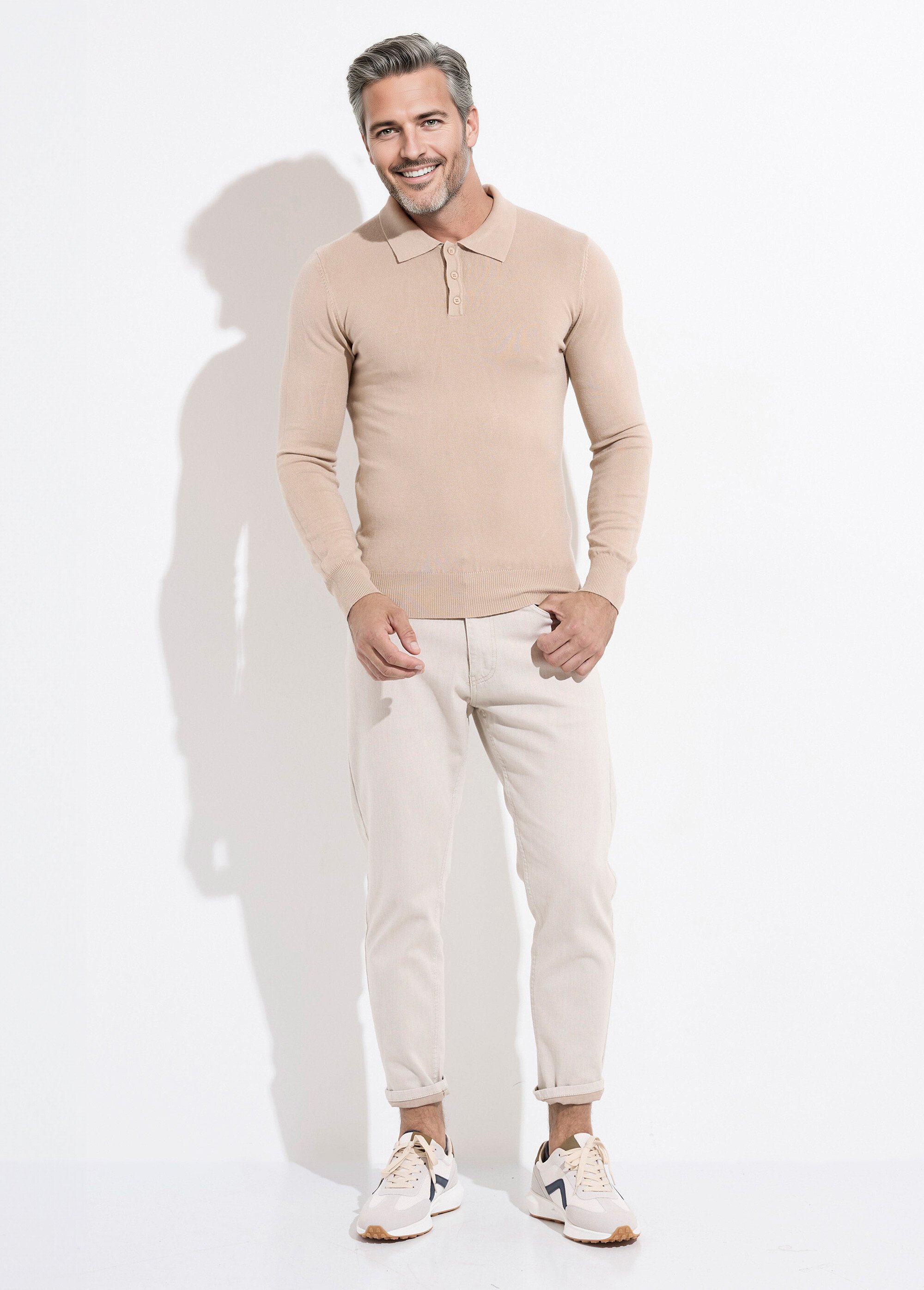 Pull coupe ajusté fine jauge col polo Homme Beige MENCHL9499 SF1