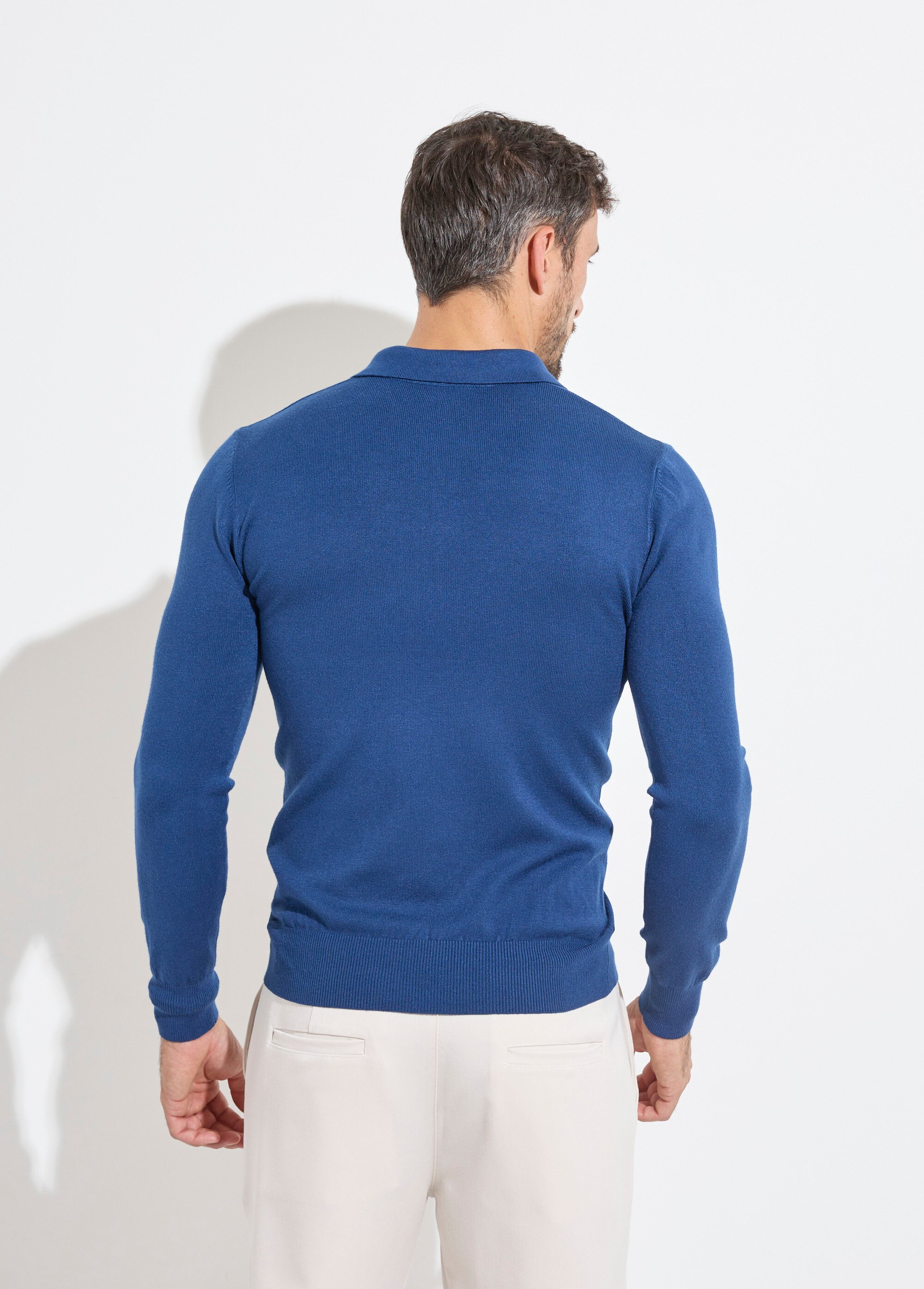 Pull coupe ajusté fine jauge col polo Homme Bleu MENCHL9499 DO1