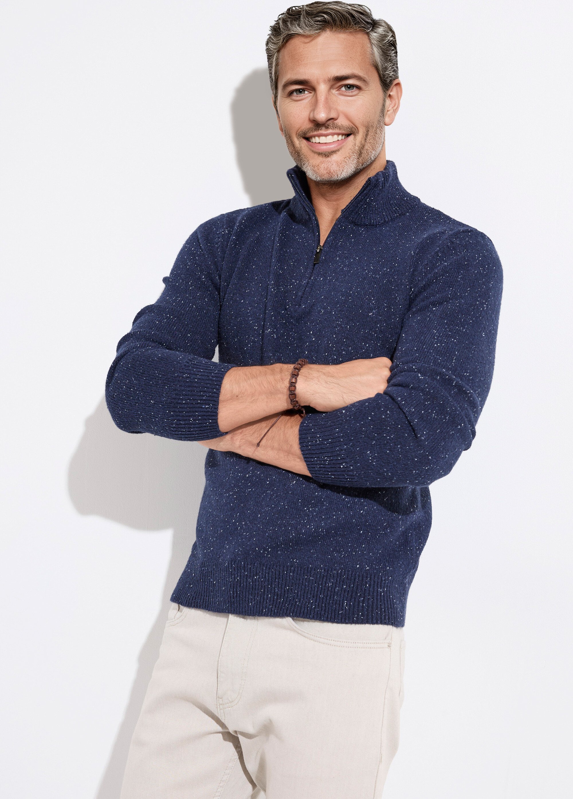 Pull col montant zippé, coupe ajustée Homme Bleu MENW14-58035 MV1