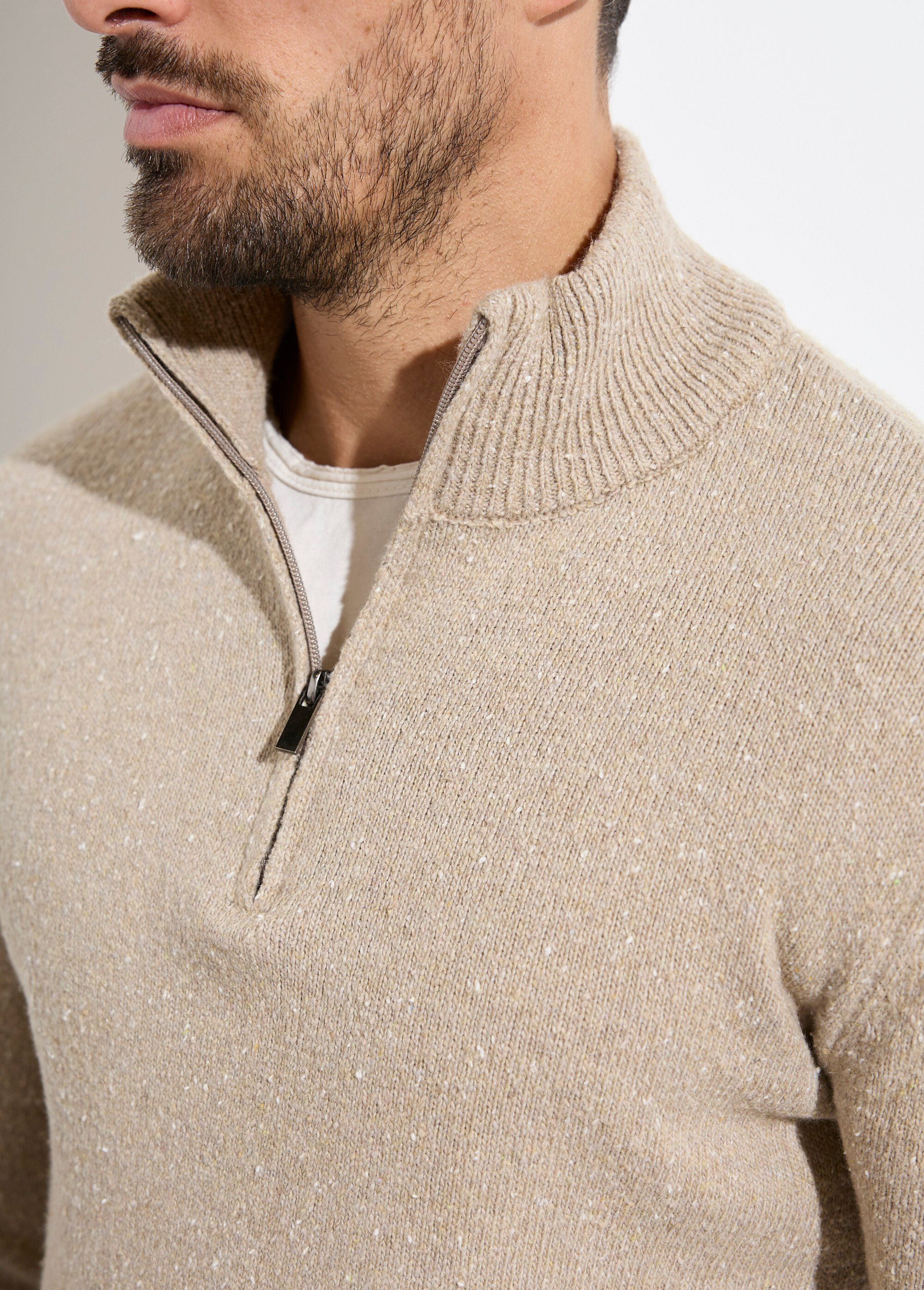 Pull col montant zippé, coupe ajustée Homme Beige MENW14-58035 DE1
