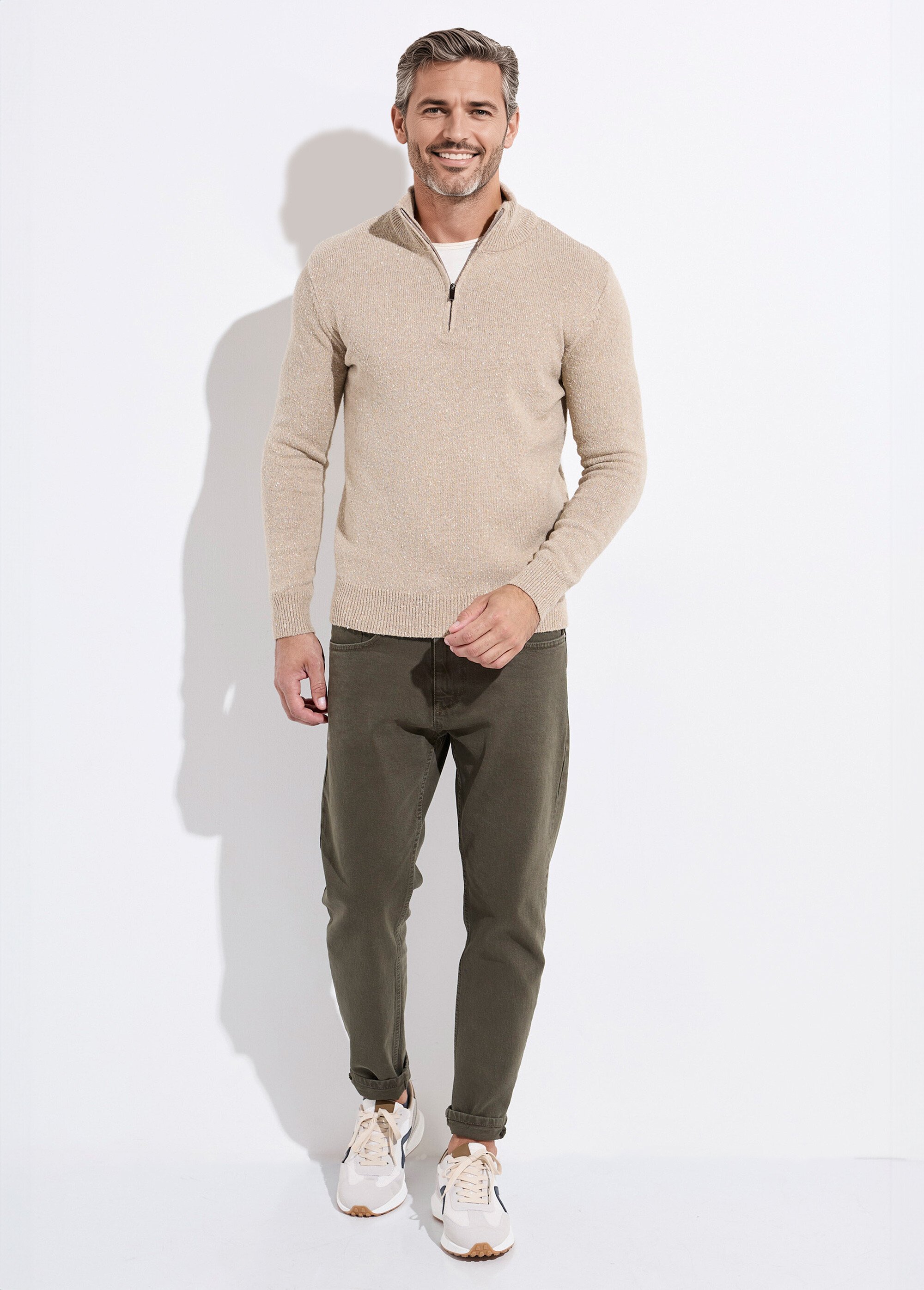 Pull col montant zippé, coupe ajustée Homme Beige MENW14-58035 SF1