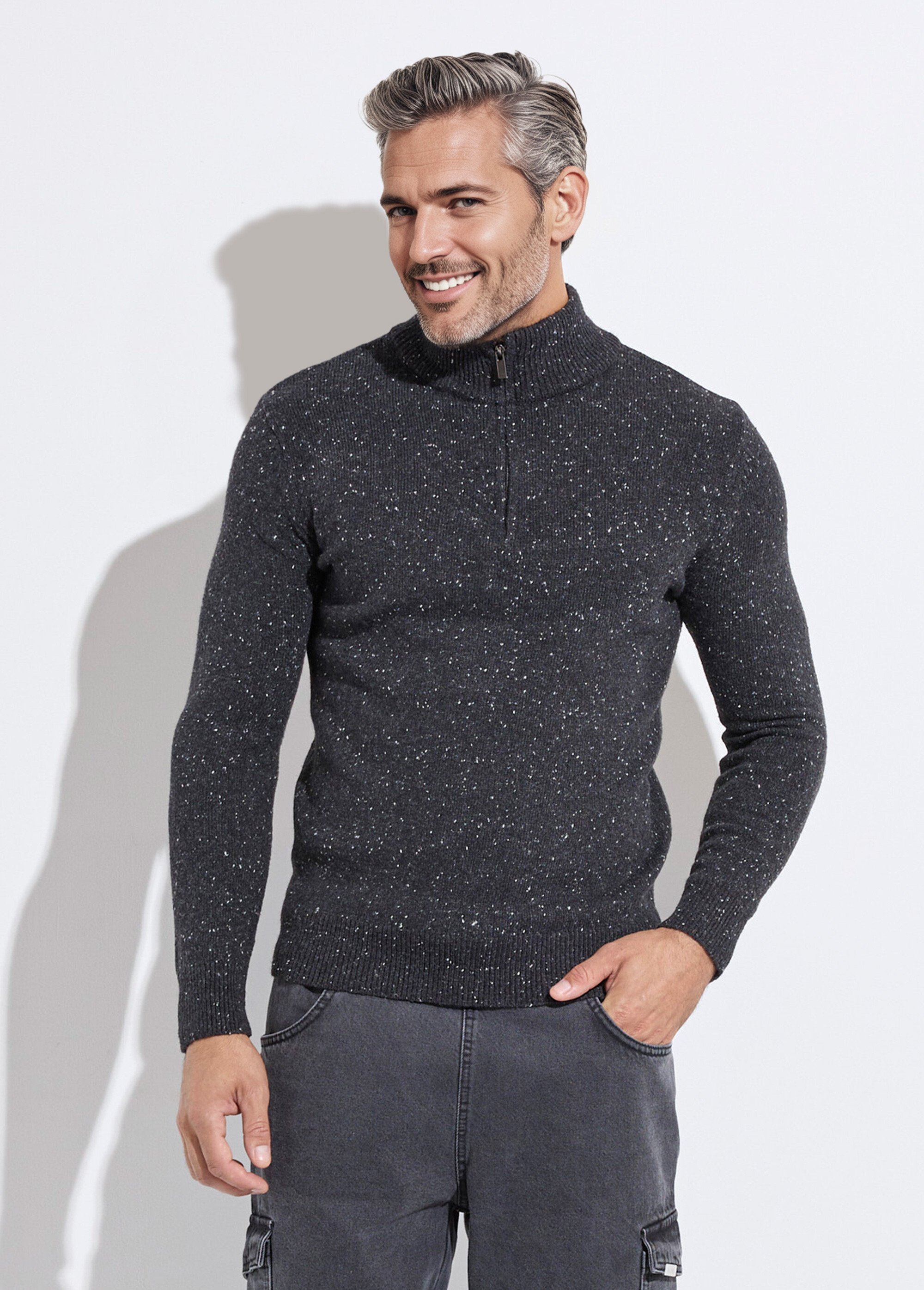 Pull col montant zippé, coupe ajustée Homme Gris MENW14-58035 FA1