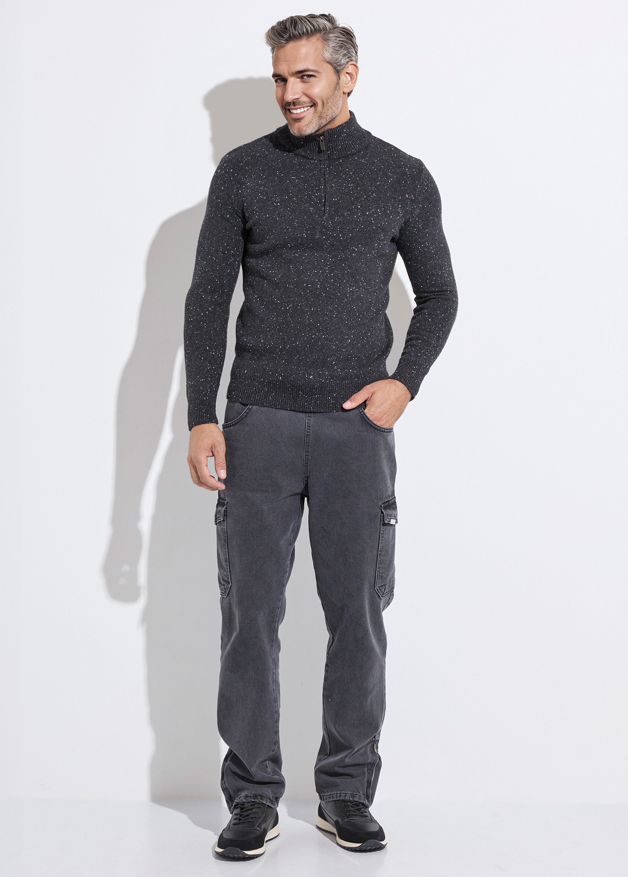 Pull col montant zippé, coupe ajustée Homme Gris MENW14-58035 SF1