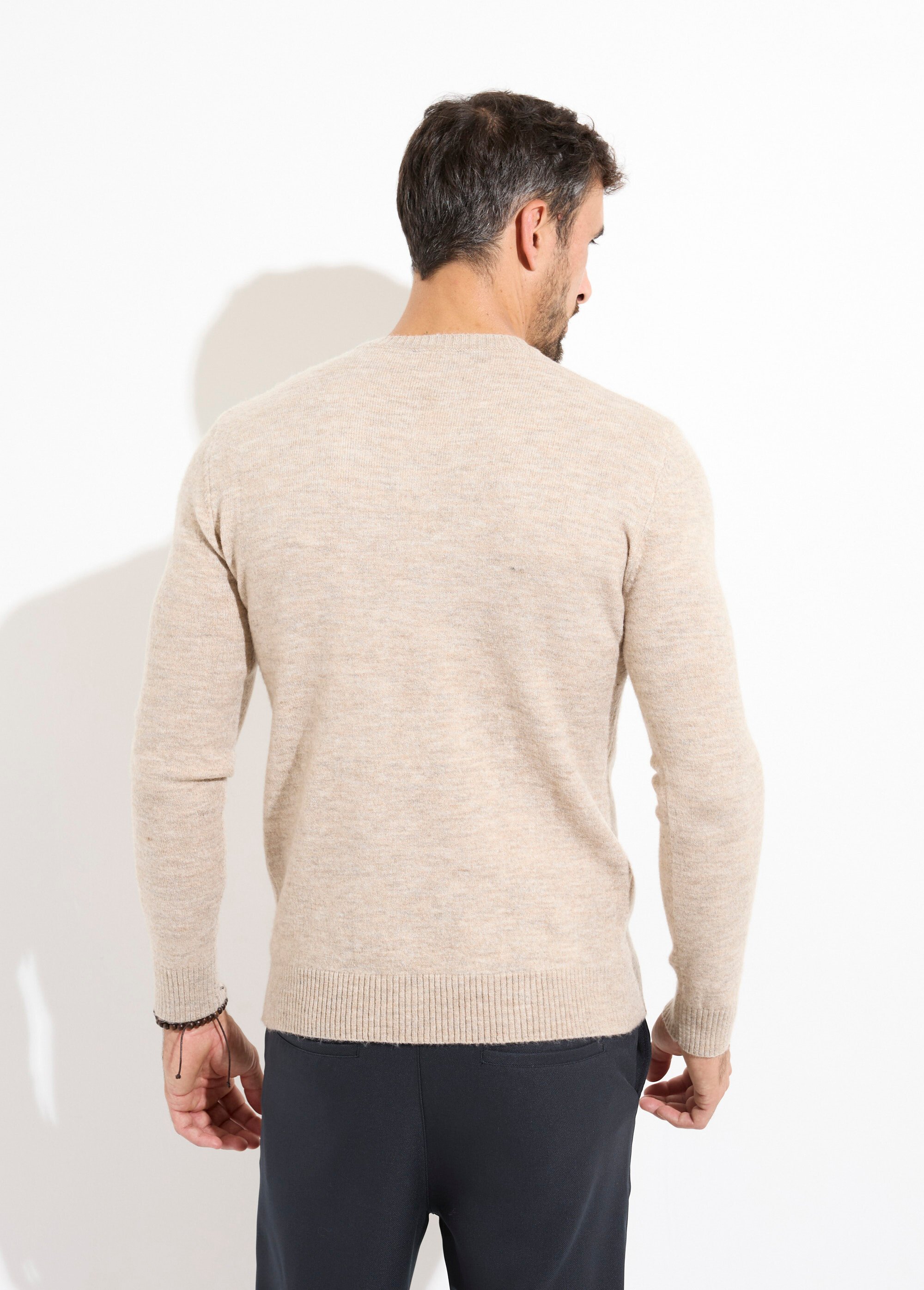 Pull col rond fine jauge, coupe ajustée Homme Beige MENW13-581959 DO1