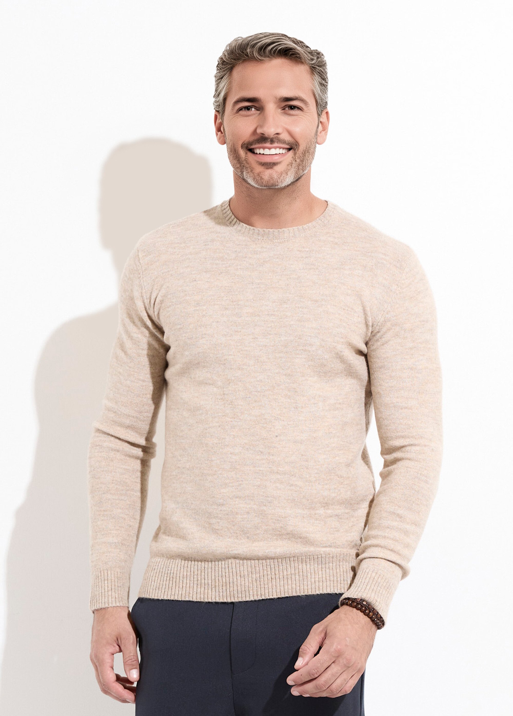 Pull col rond fine jauge, coupe ajustée Homme Beige MENW13-581959 FA1