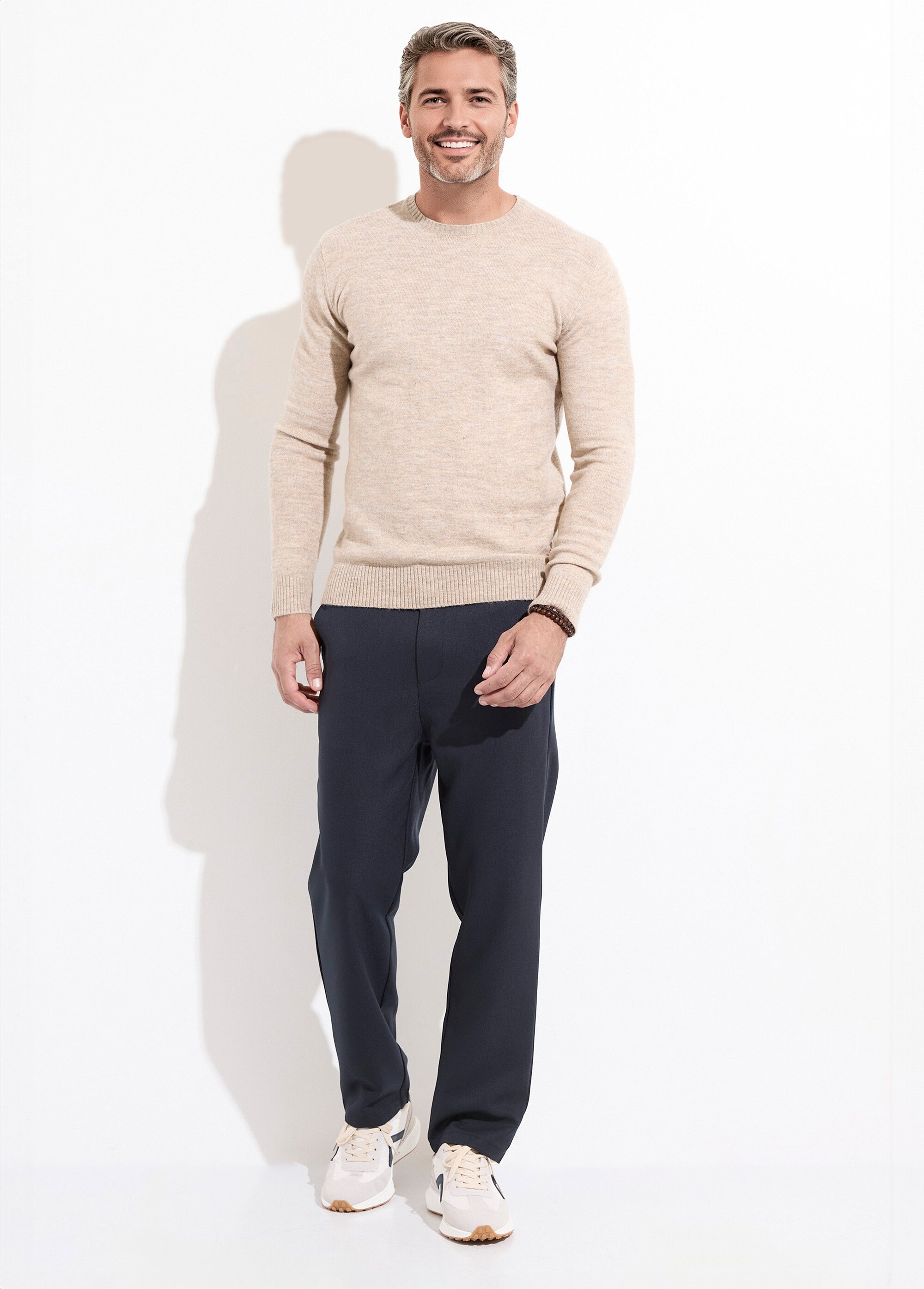 Pull col rond fine jauge, coupe ajustée Homme Beige MENW13-581959 SF1