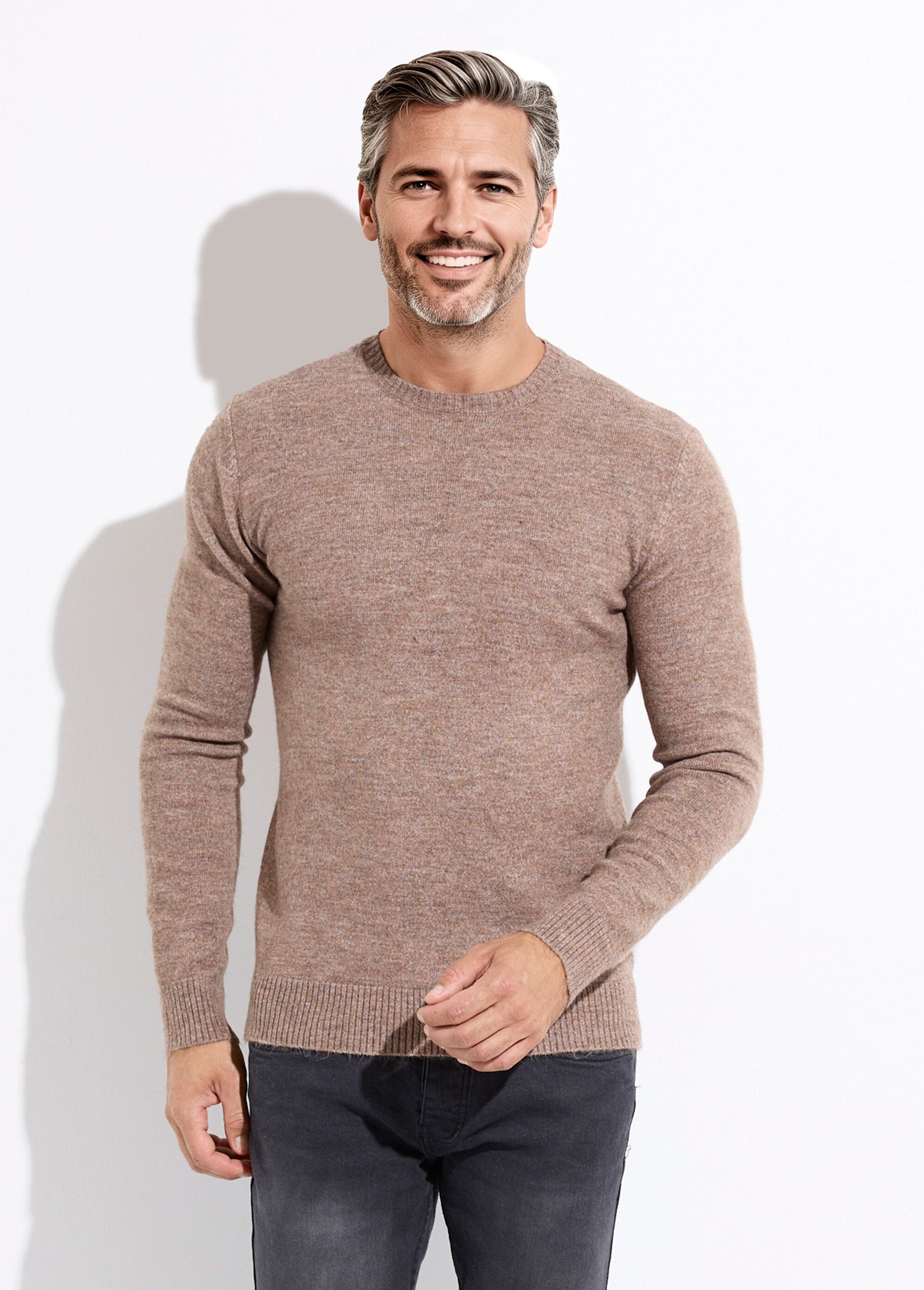 Pull col rond fine jauge, coupe ajustée Homme Beige MENW13-581959 FA1