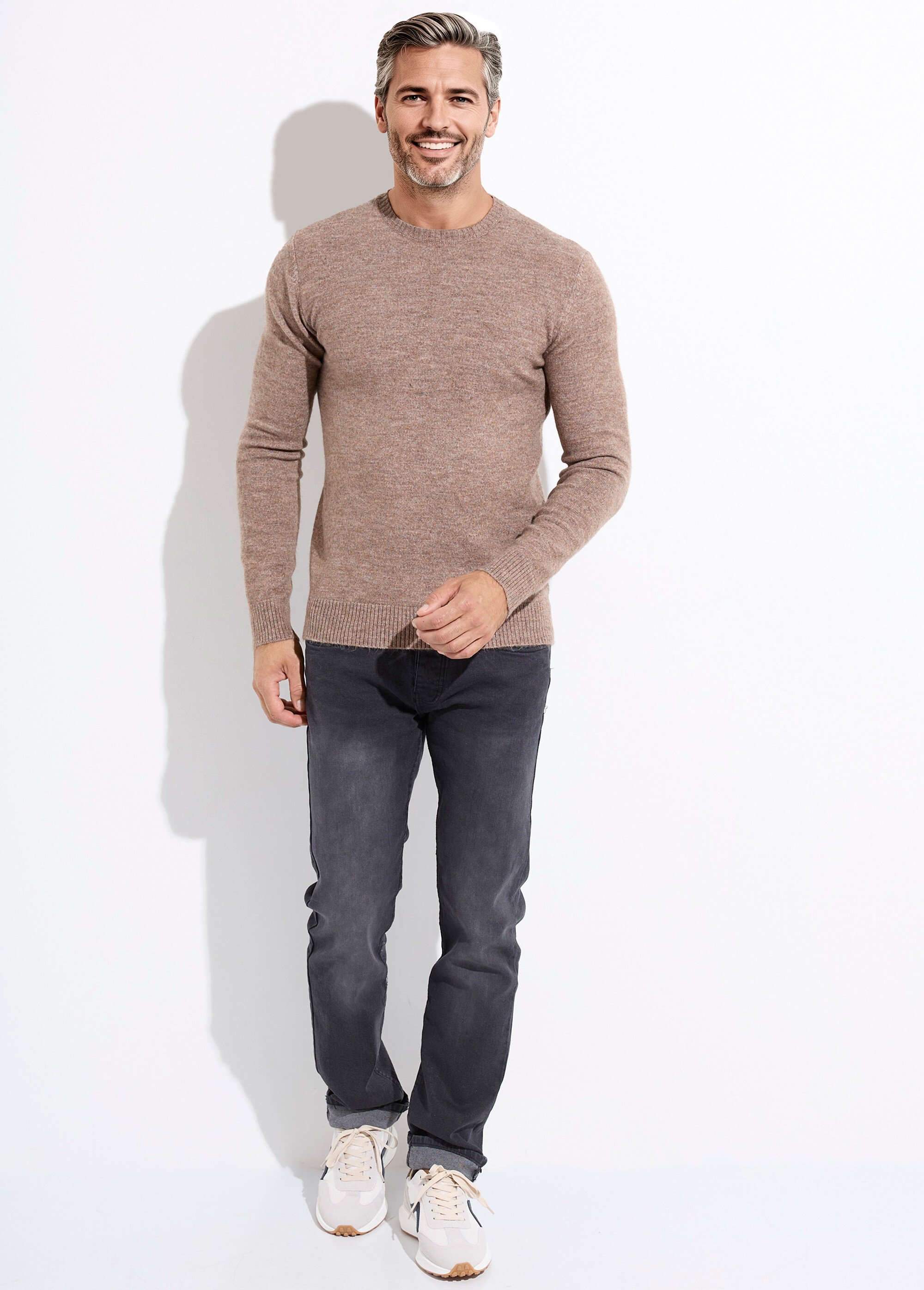 Pull col rond fine jauge, coupe ajustée Homme Beige MENW13-581959 SF1