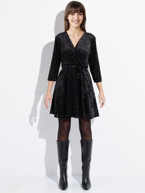 Robe chic cache coeur, velours et strass Femme Noir FI-ROVESTRASS FA1