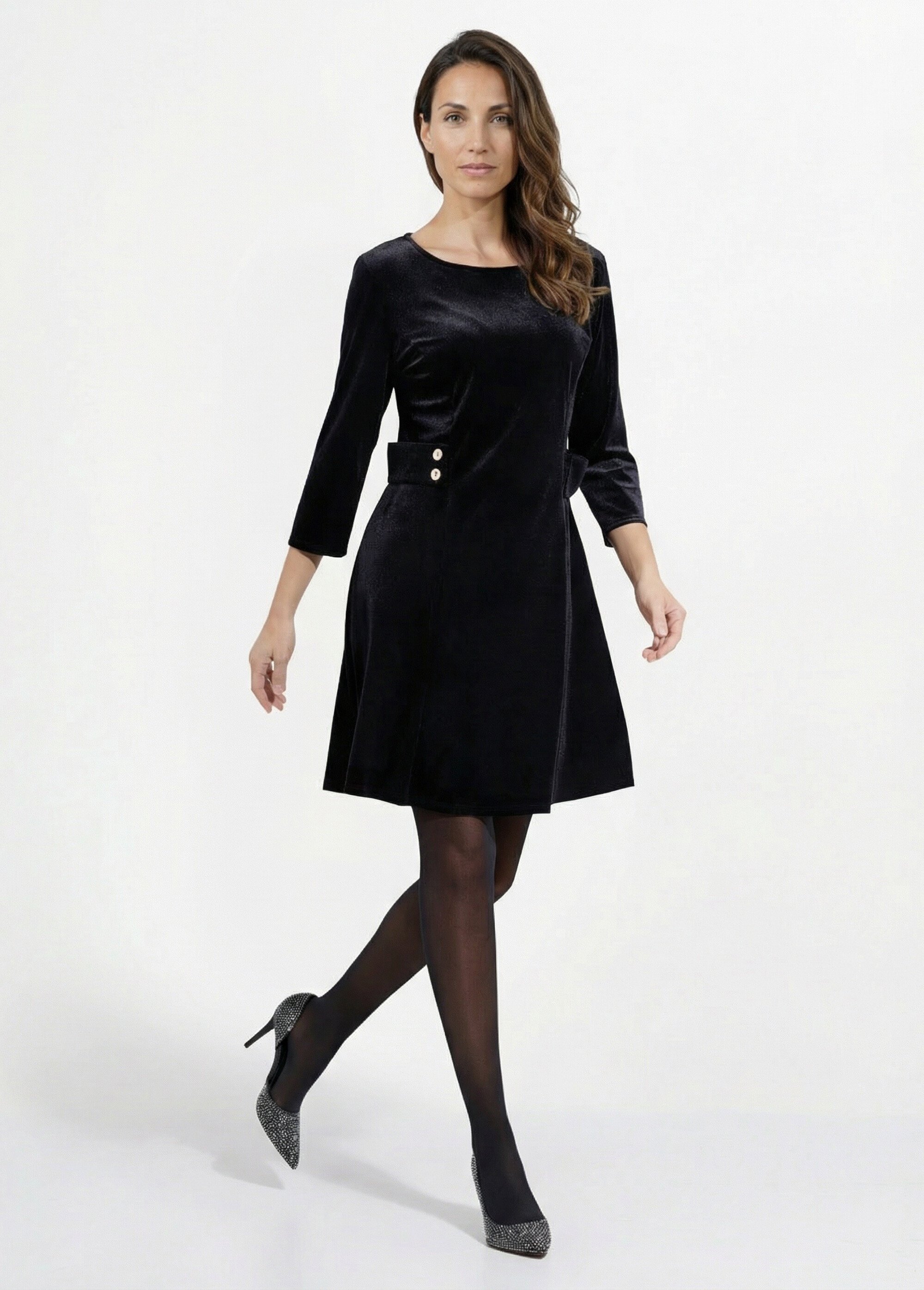 Robe en velours col rond, taille marquée Femme Noir FI-HAUDVELOU SI1