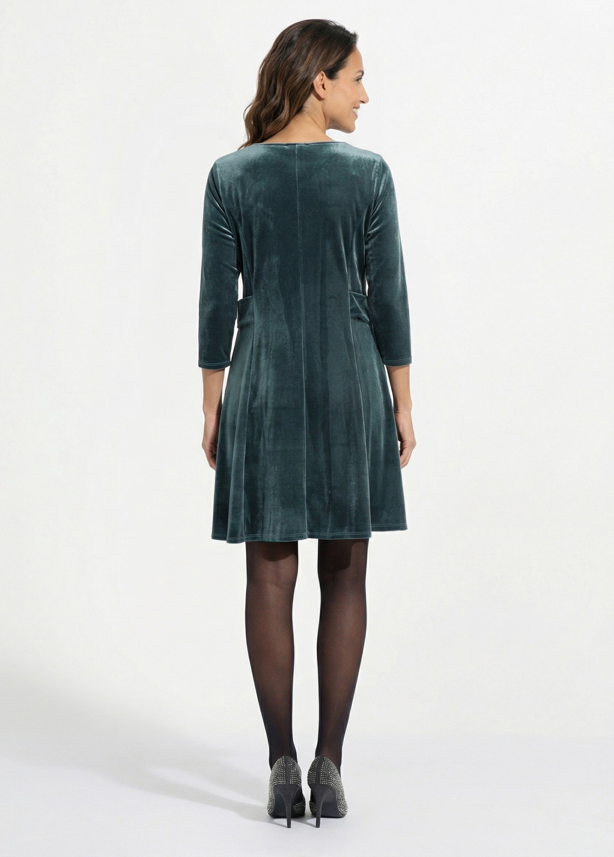 Robe en velours col rond, taille marquée Femme Vert FI-HAUDVELOU DO1