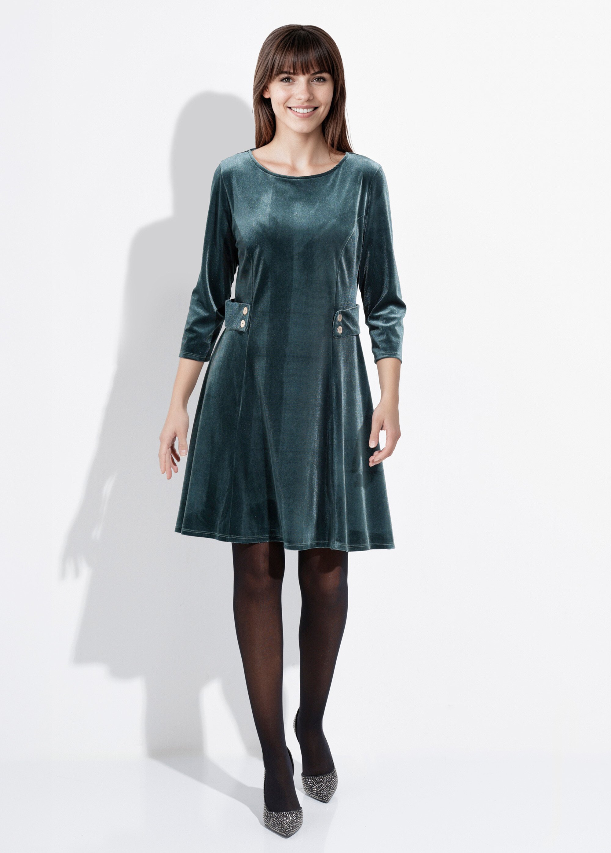 Robe en velours col rond, taille marquée Femme Vert FI-HAUDVELOU FA1