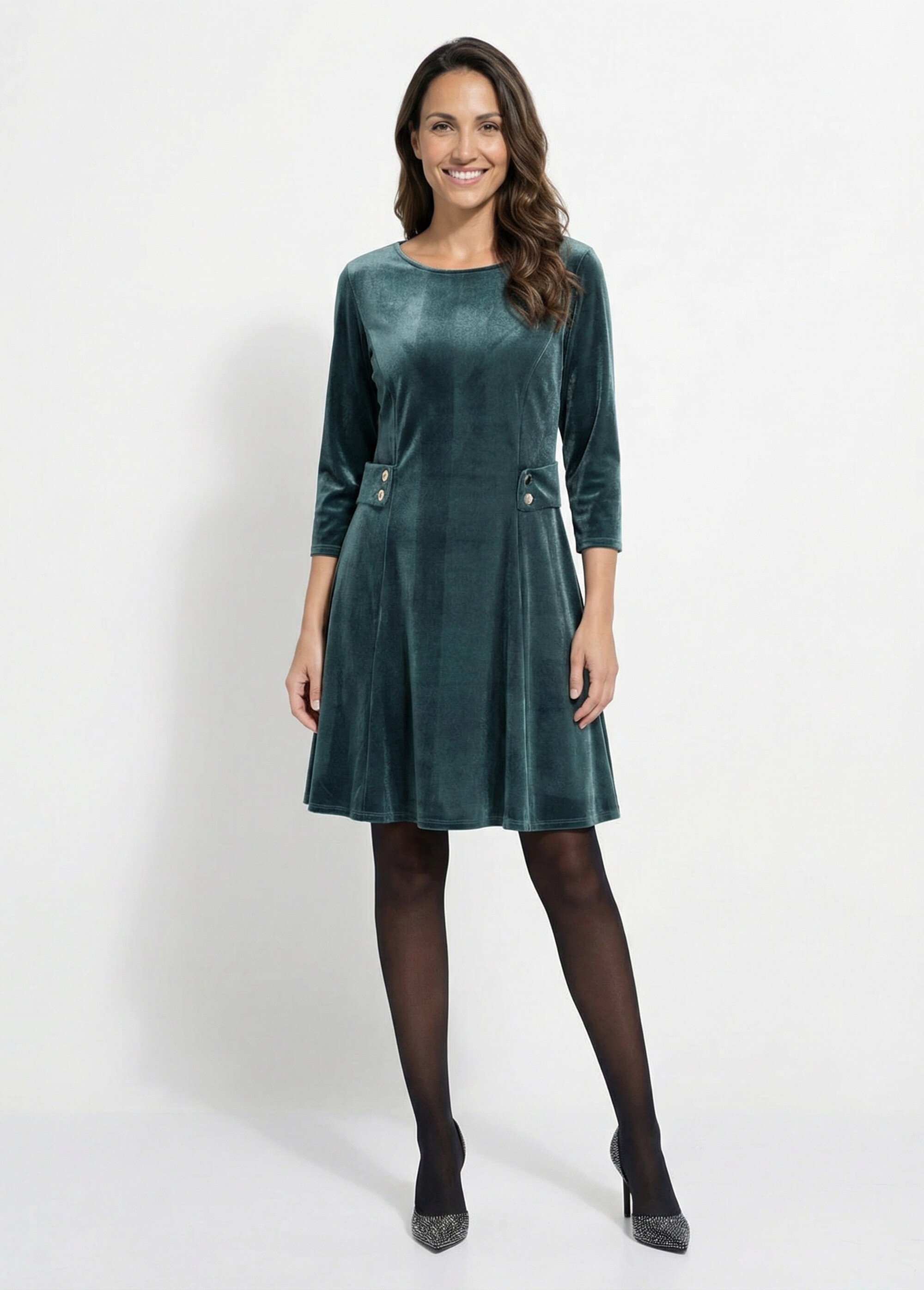 Robe en velours col rond, taille marquée Femme Vert FI-HAUDVELOU FA1