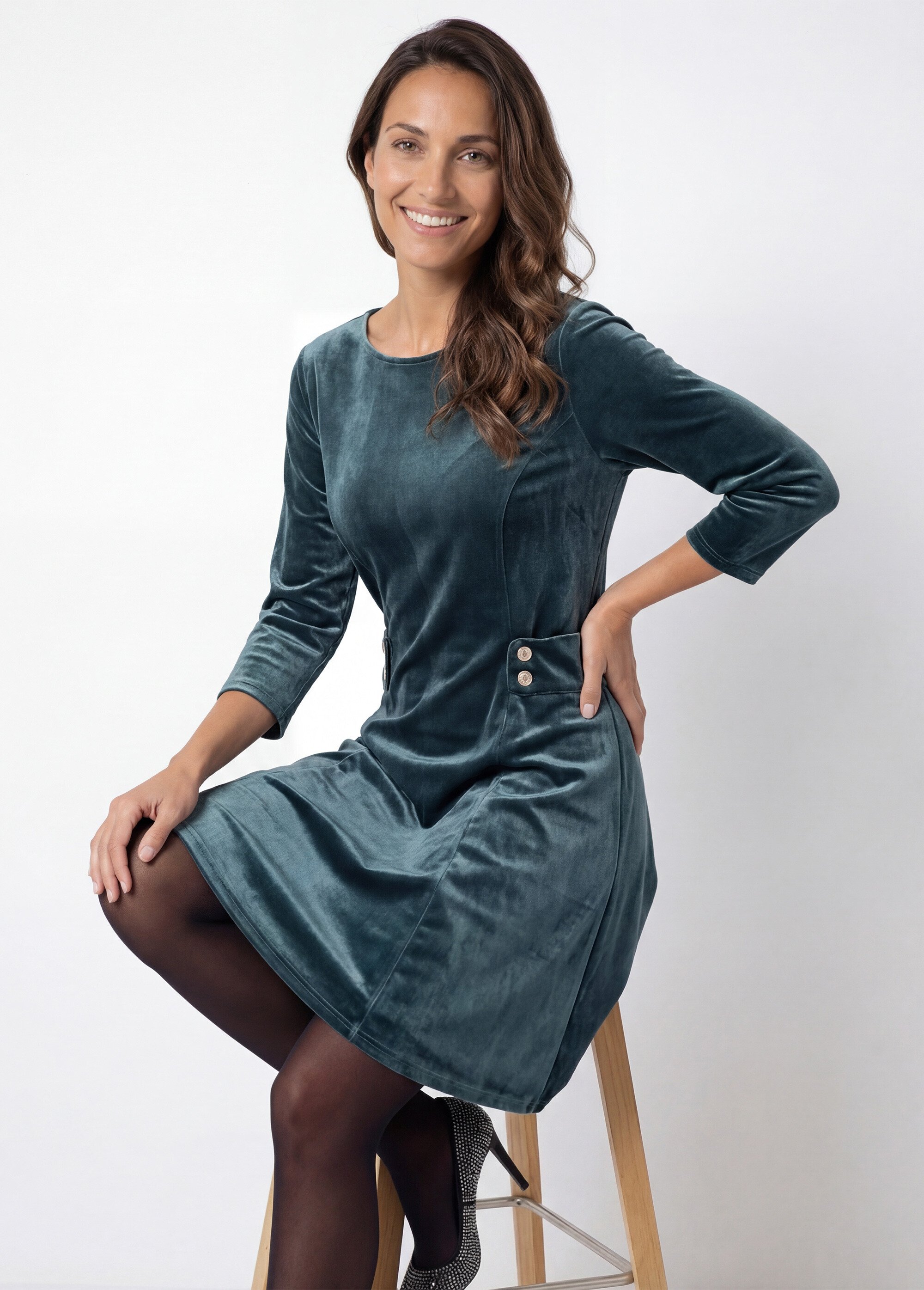 Robe en velours col rond, taille marquée Femme Vert FI-HAUDVELOU MV1
