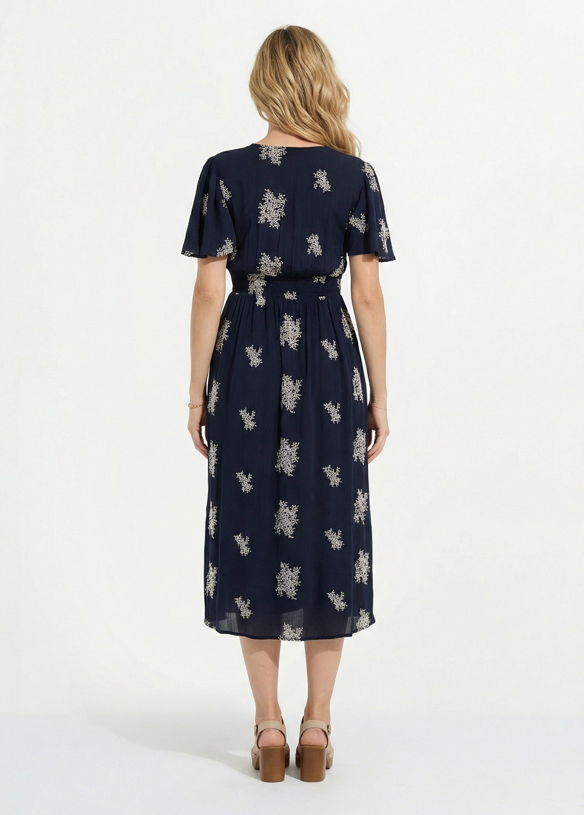 Robe longue col V brodée smockée dos Femme Bleu ELISANE DO1