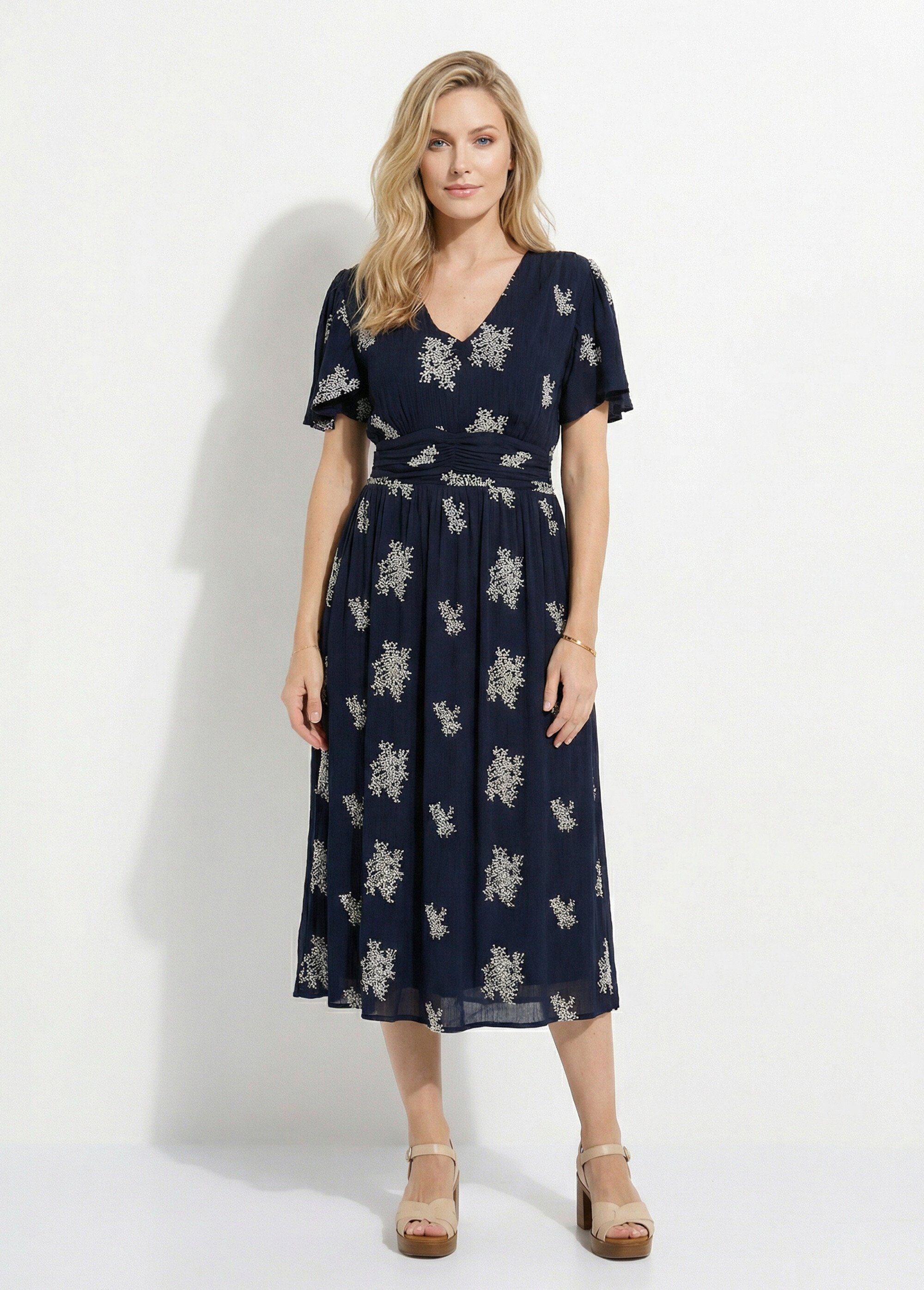 Robe longue col V brodée smockée dos Femme Bleu ELISANE FA1