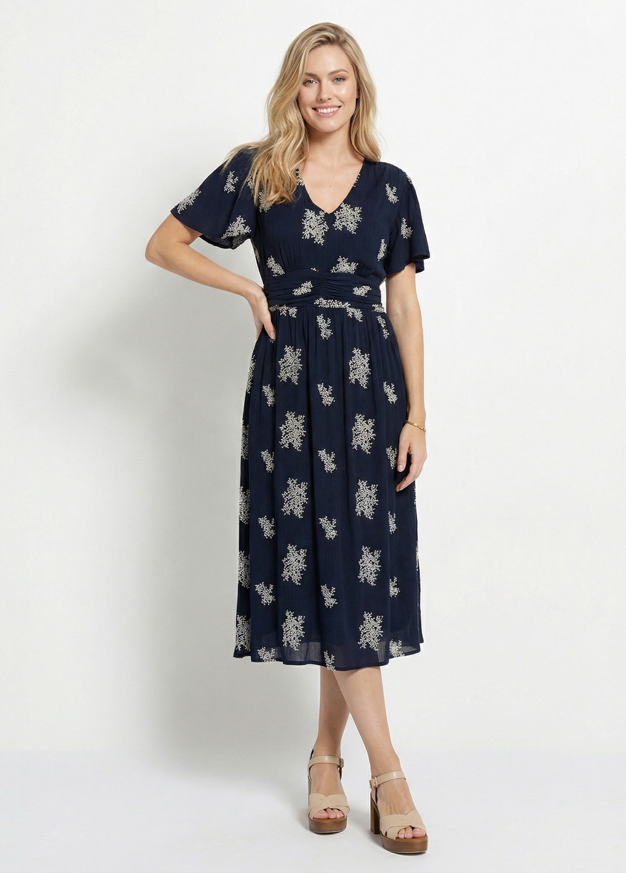 Robe longue col V brodée smockée dos Femme Bleu ELISANE MV1
