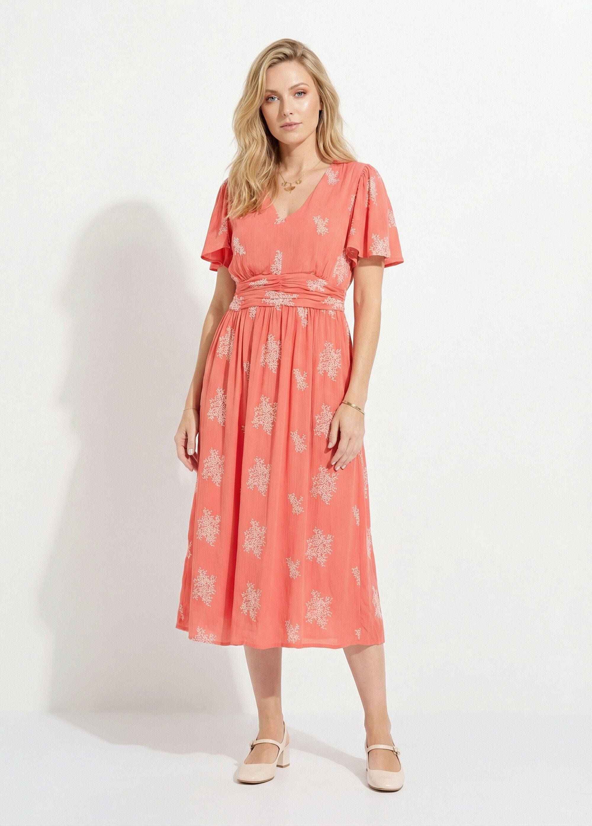 Robe longue col V brodée smockée dos Femme Rose ELISANE FA1
