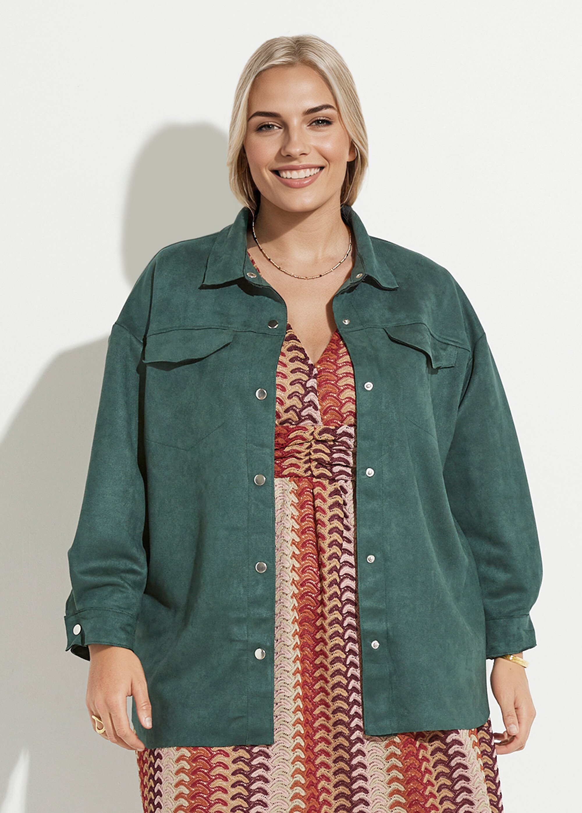 Surchemise en suédine poches poitrine Femme Grande Taille Vert CHY-H016 FA1