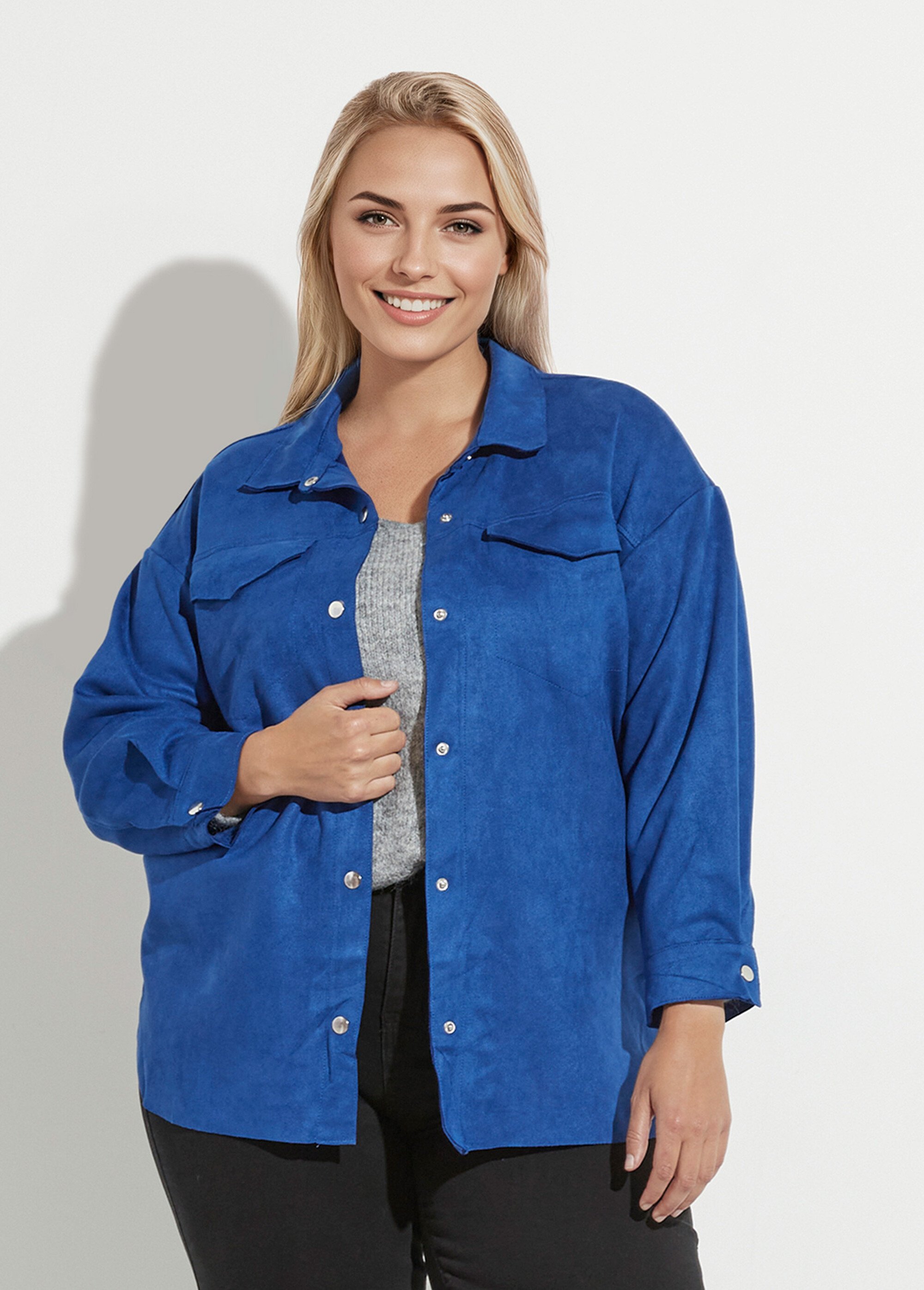 Surchemise en suédine poches poitrine Femme Grande Taille Bleu CHY-H016 FA1